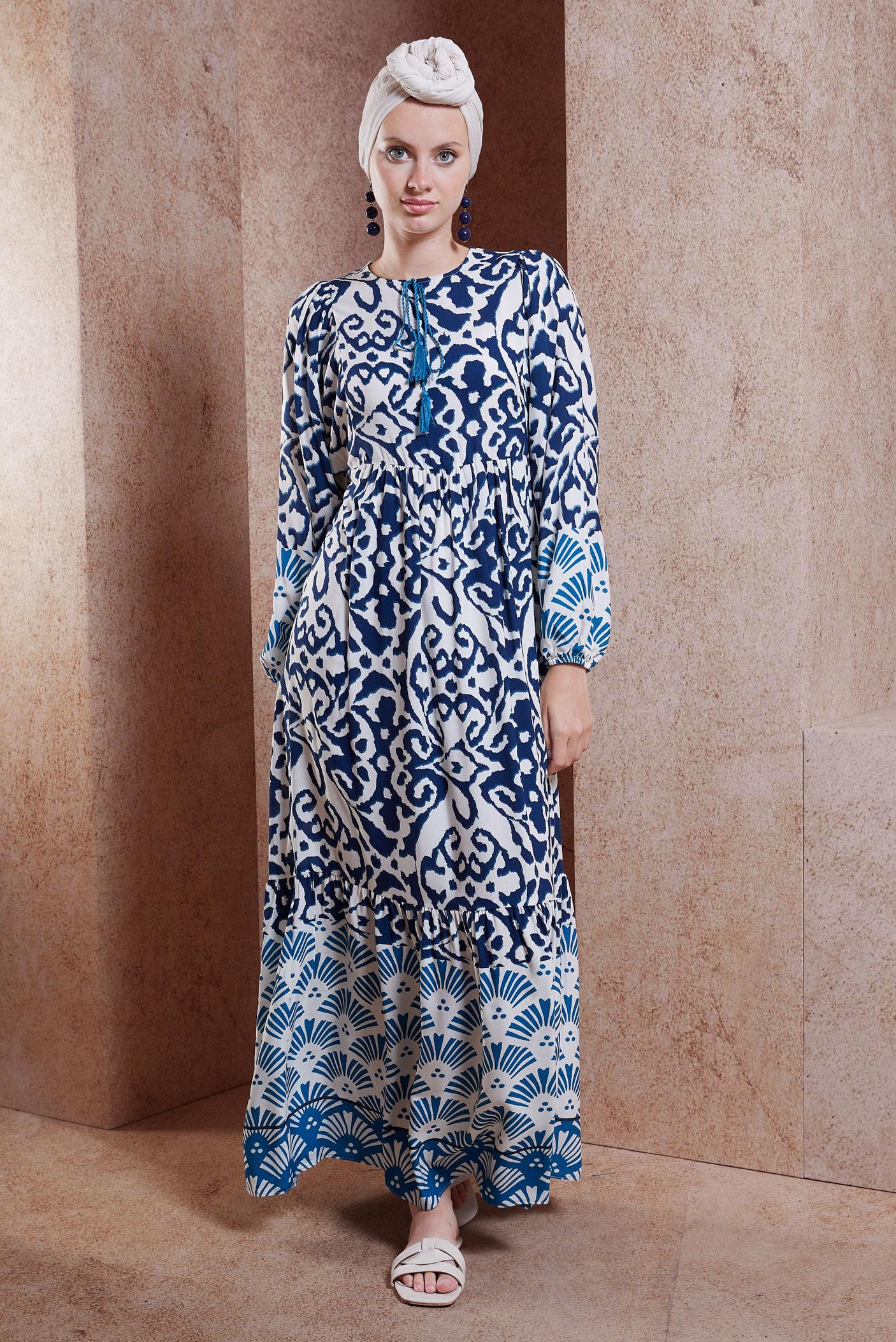 Tesettür giyim LACİVERT DESENLİ VİSKON ELBİSE 44599