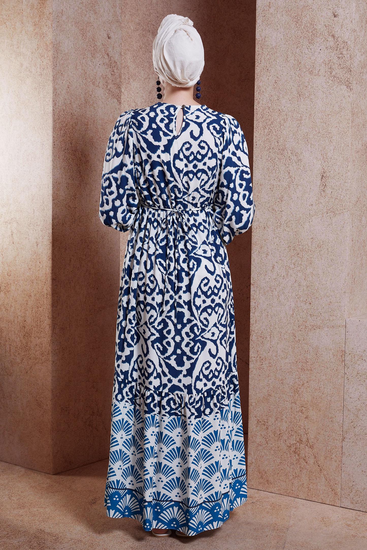 Tesettür giyim LACİVERT DESENLİ VİSKON ELBİSE 44599