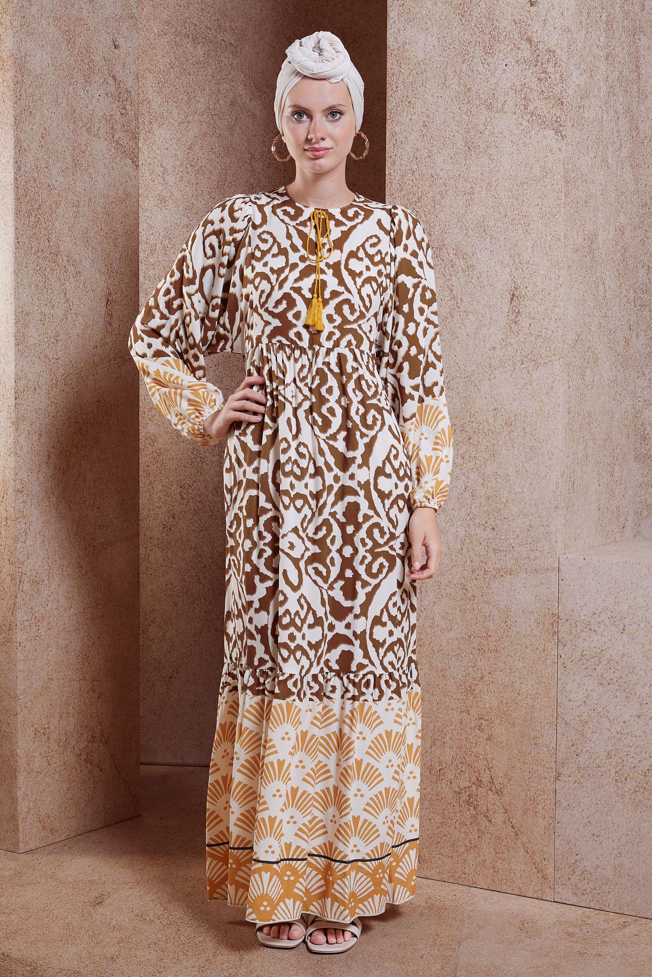 Tesettür giyim KAHVE DESENLİ VİSKON ELBİSE 44599