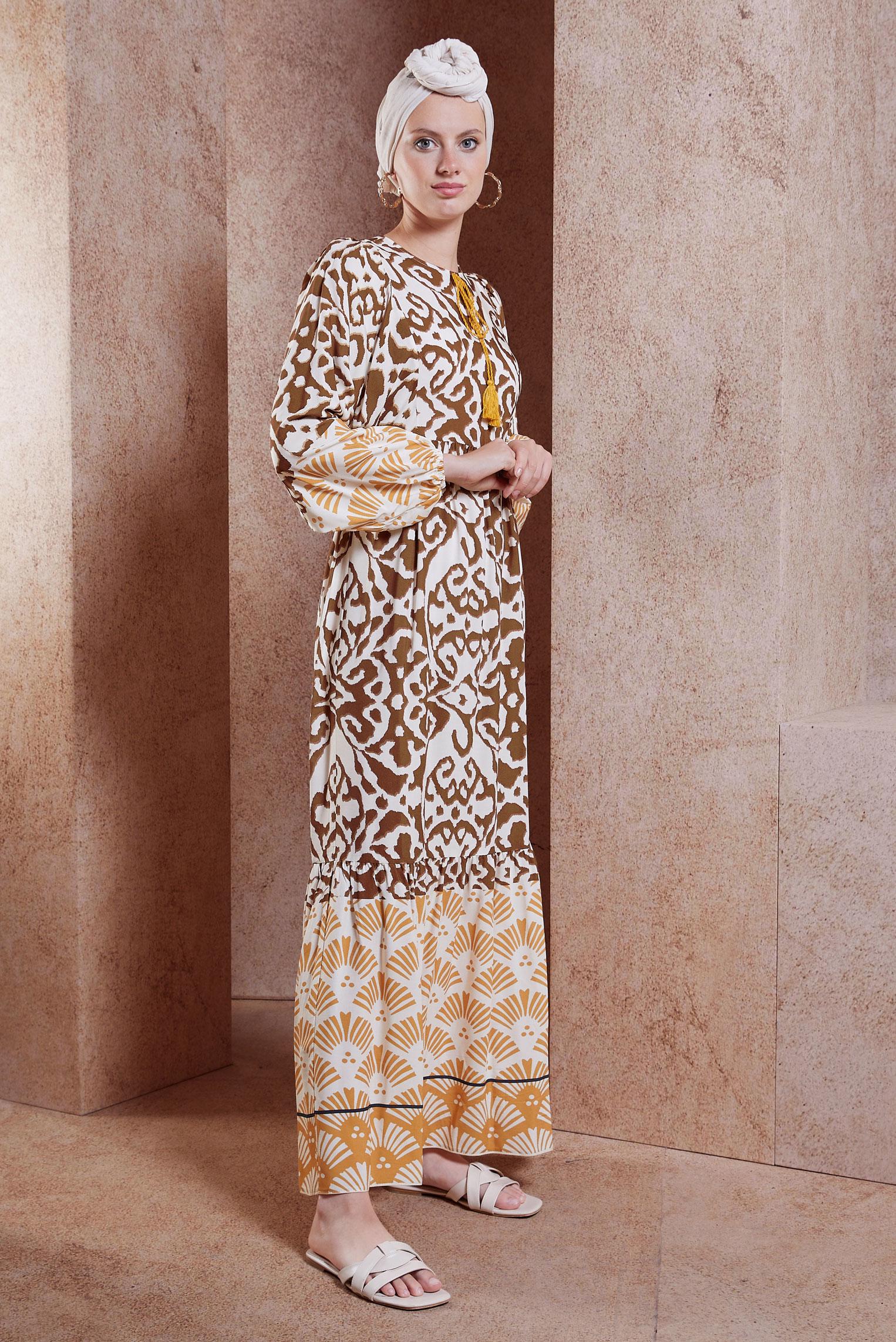 Tesettür giyim KAHVE DESENLİ VİSKON ELBİSE 44599