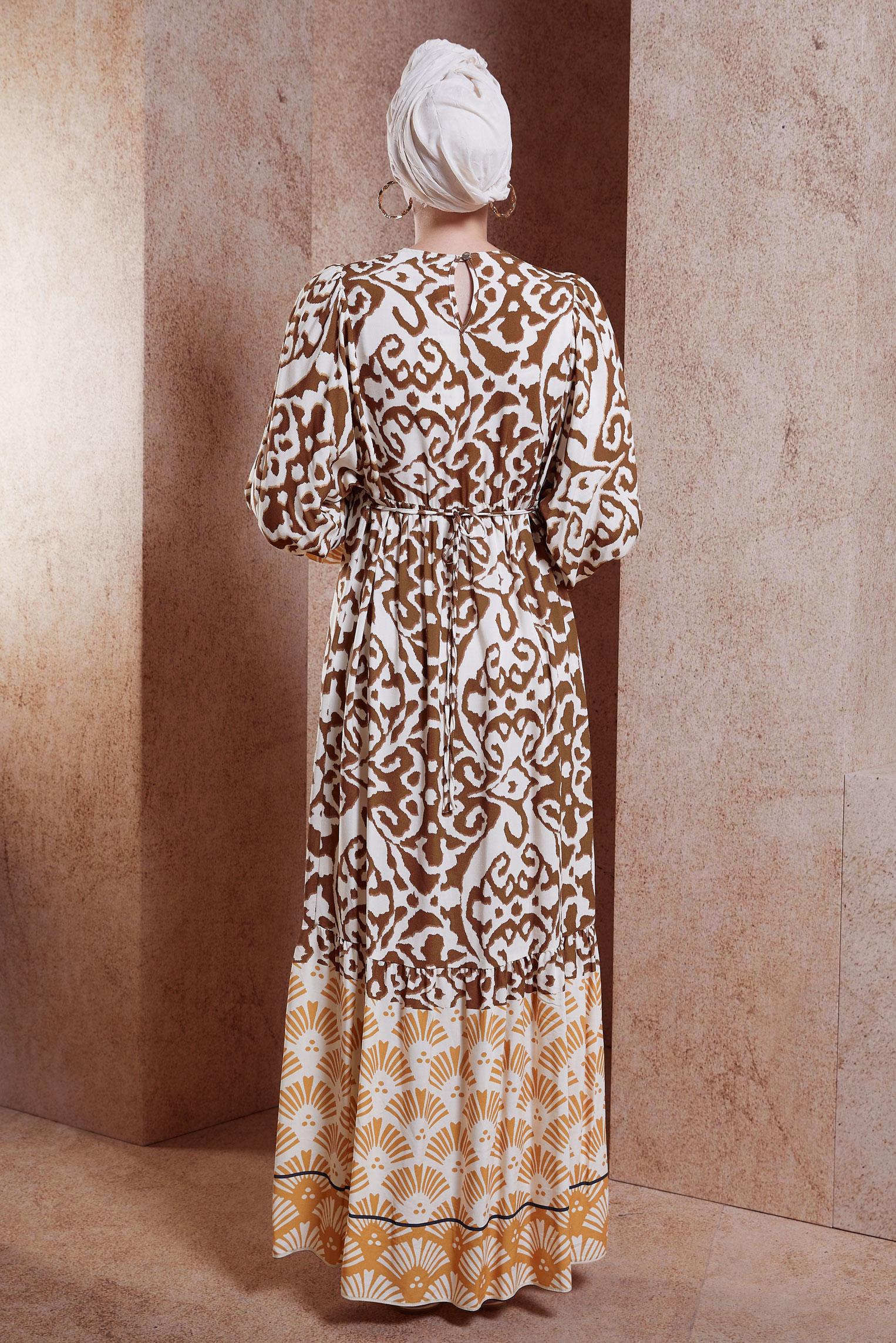 Tesettür giyim KAHVE DESENLİ VİSKON ELBİSE 44599