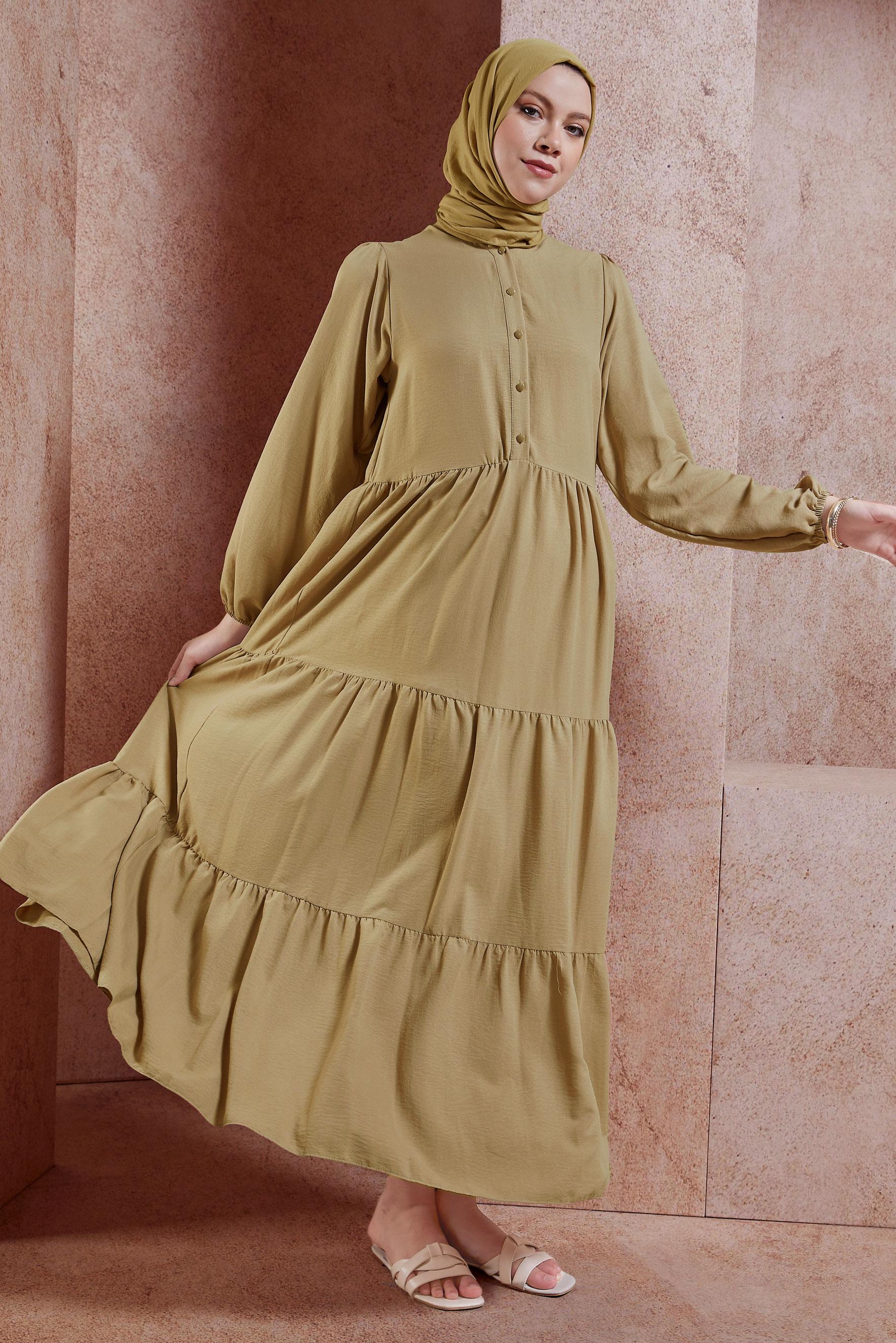 Tesettür giyim KAHVE KATLI TESETTÜR ELBİSE 44600