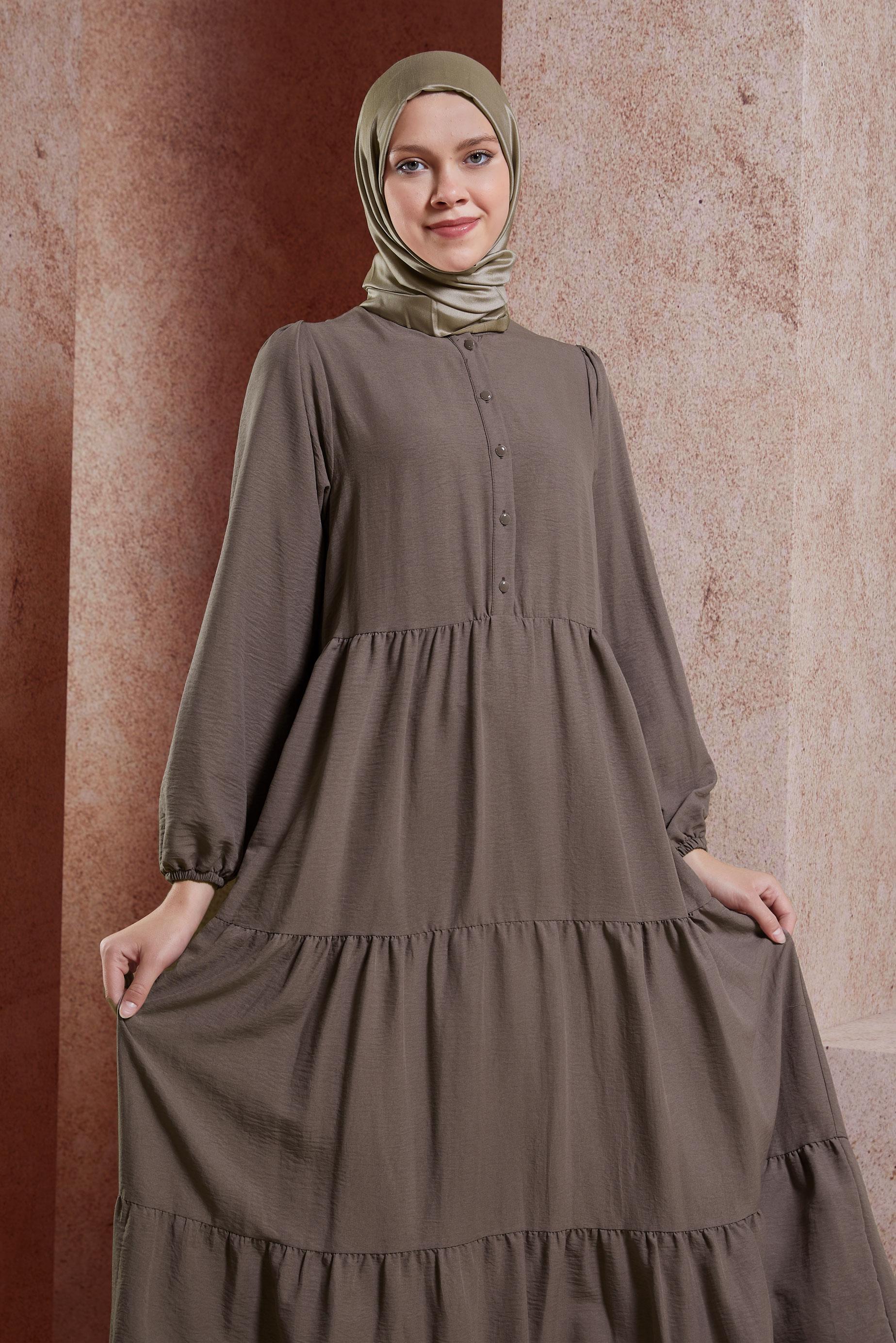 Tesettür giyim VİZON KATLI TESETTÜR ELBİSE 44600