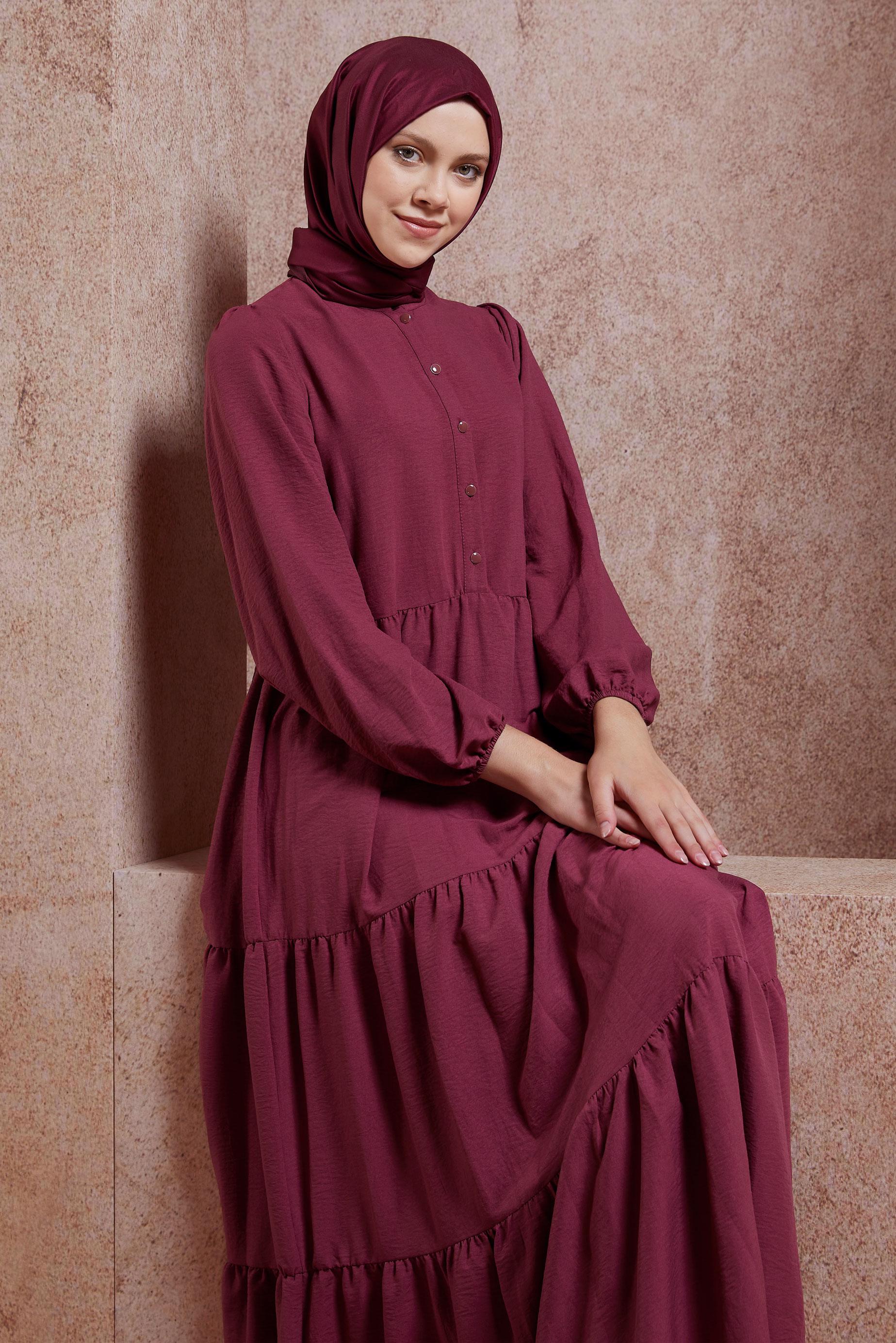 Tesettür giyim PEMBE KATLI TESETTÜR ELBİSE 44600