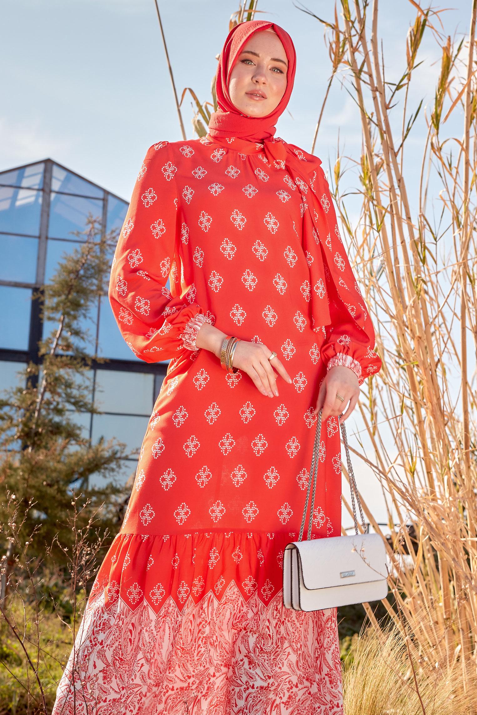 Hijab clothing CORAL ETHNIC PATTERNED DRESS 44601