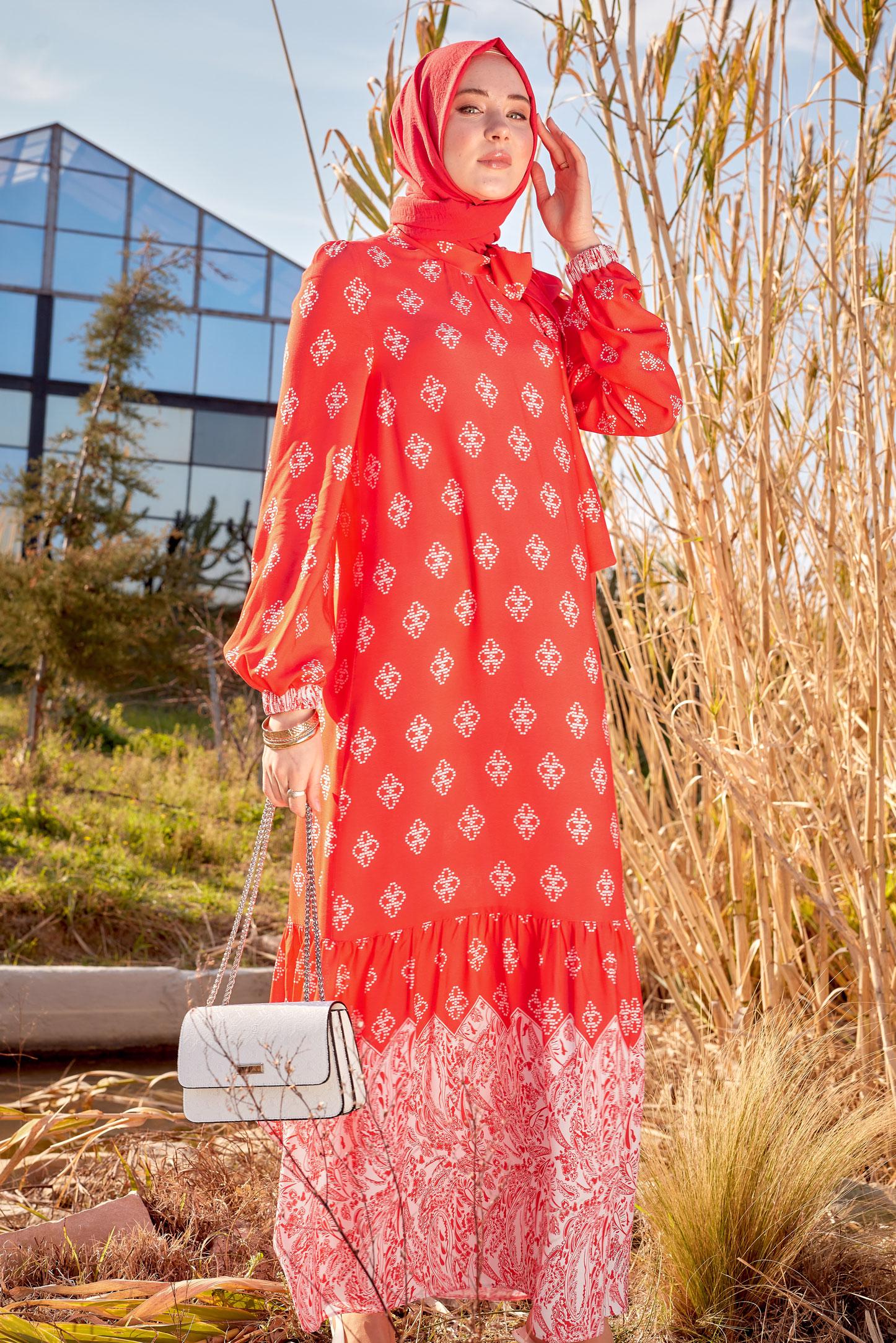 Hijab clothing CORAL ETHNIC PATTERNED DRESS 44601