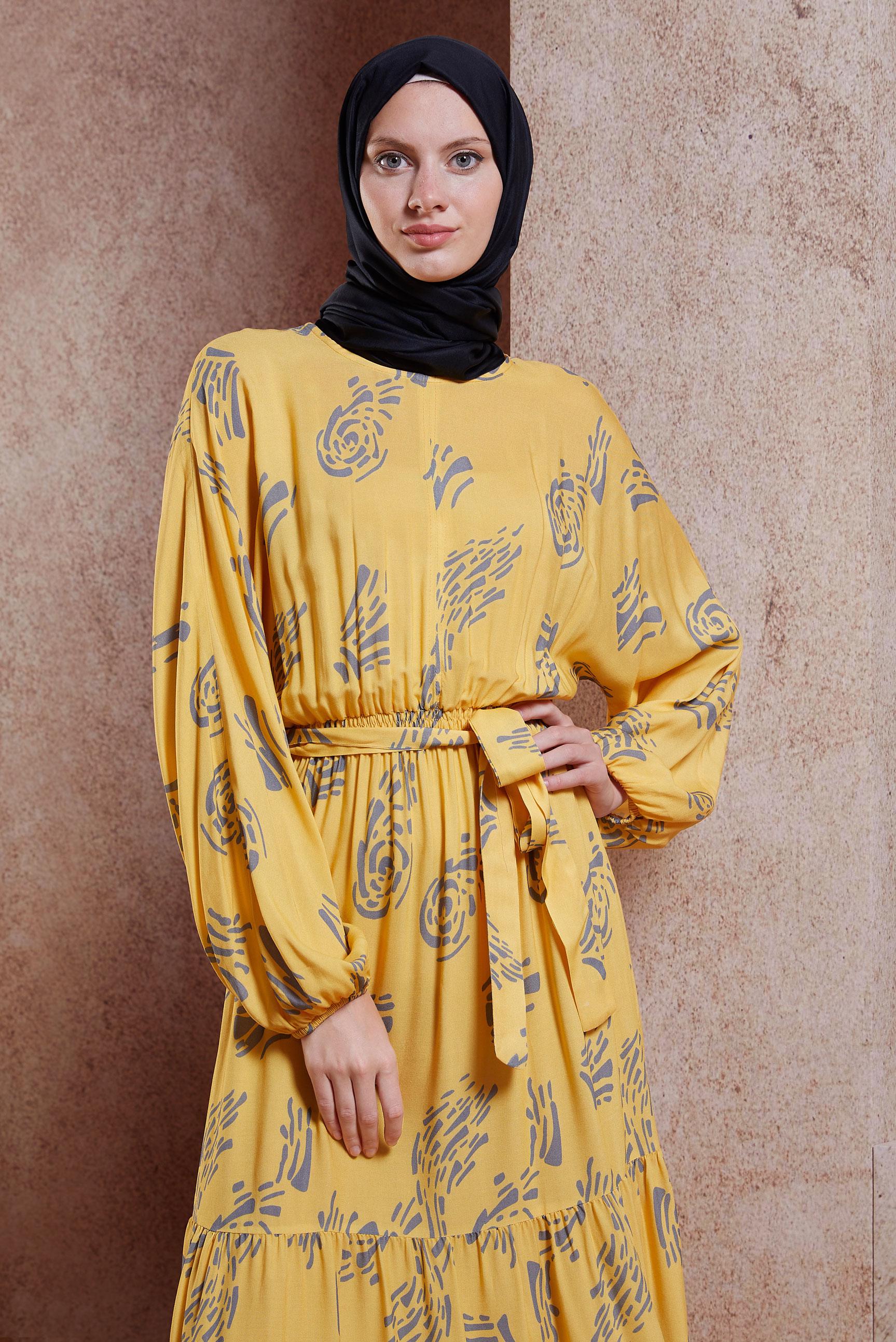 Tesettür giyim GRİ KUŞAKLI VİSKON ELBİSE 44602