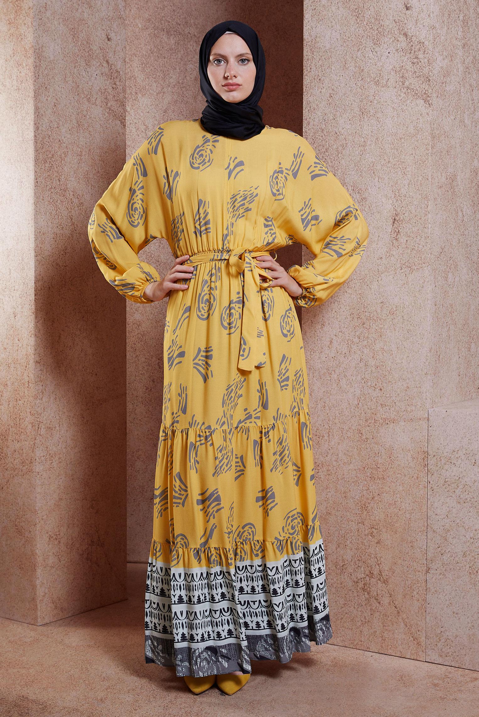 Tesettür giyim GRİ KUŞAKLI VİSKON ELBİSE 44602