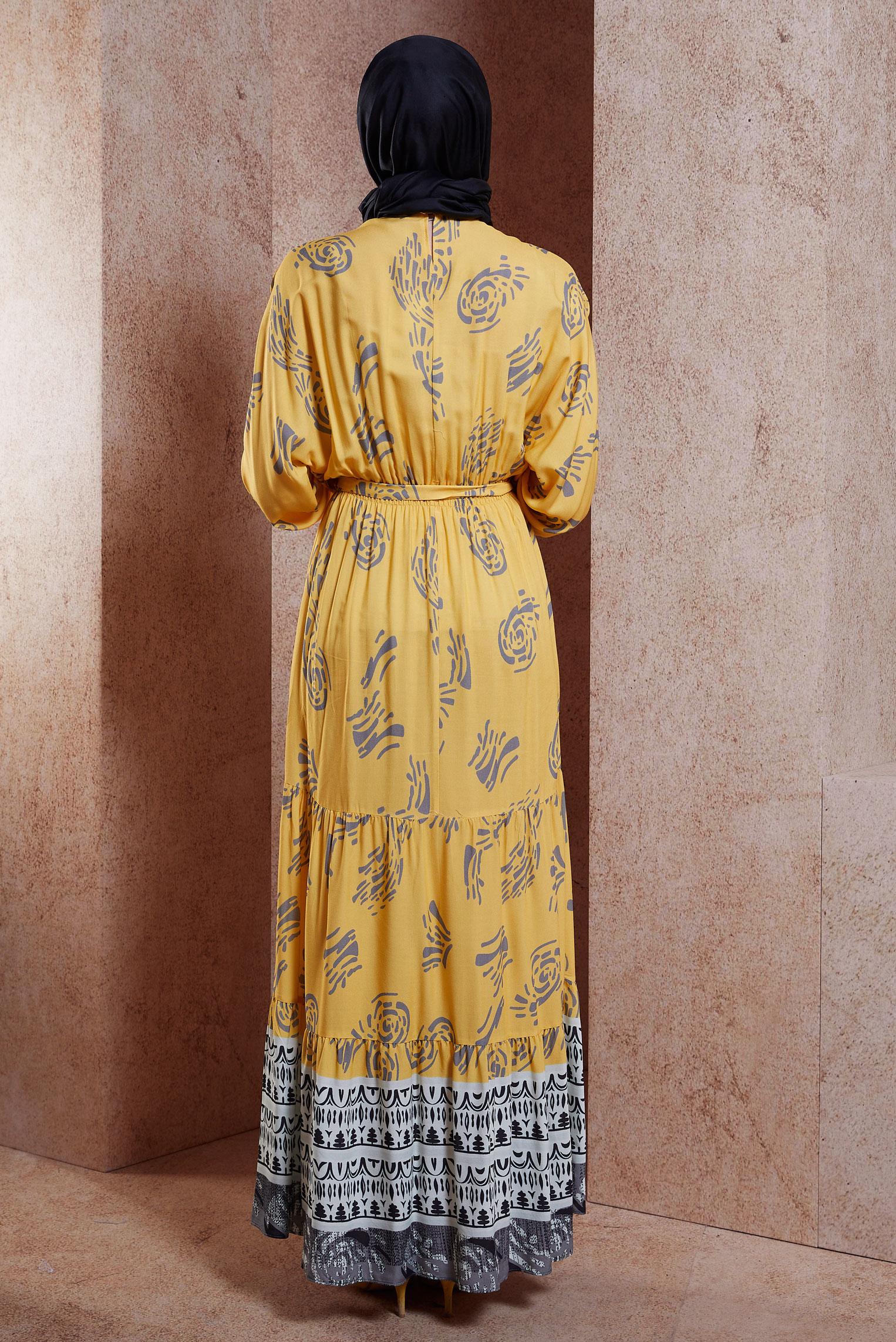 Tesettür giyim GRİ KUŞAKLI VİSKON ELBİSE 44602