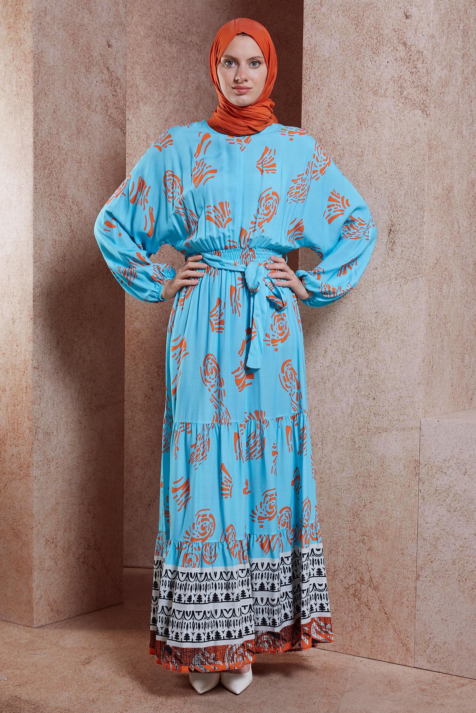 Tesettür giyim MAVİ KUŞAKLI VİSKON ELBİSE 44602