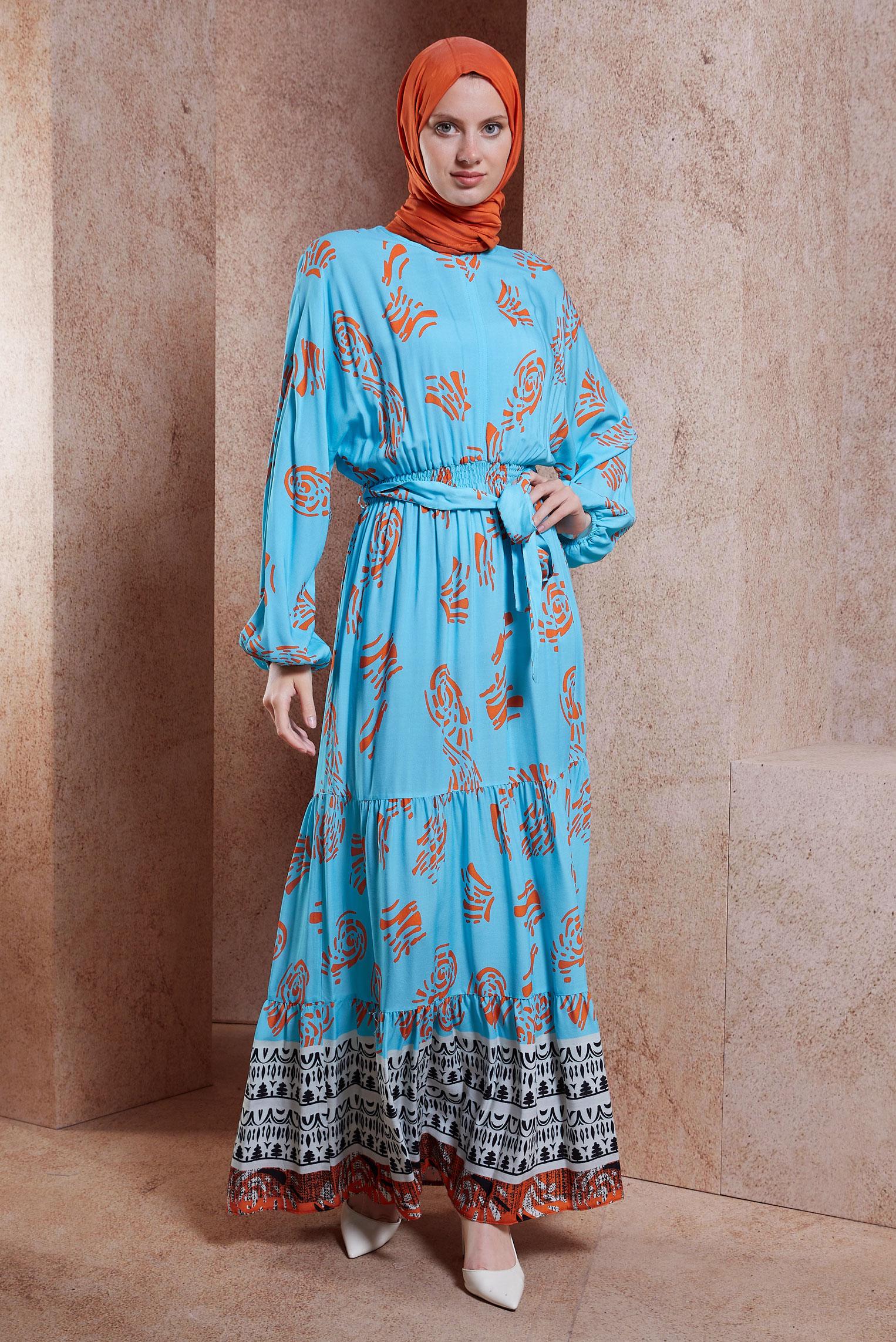 Tesettür giyim MAVİ KUŞAKLI VİSKON ELBİSE 44602