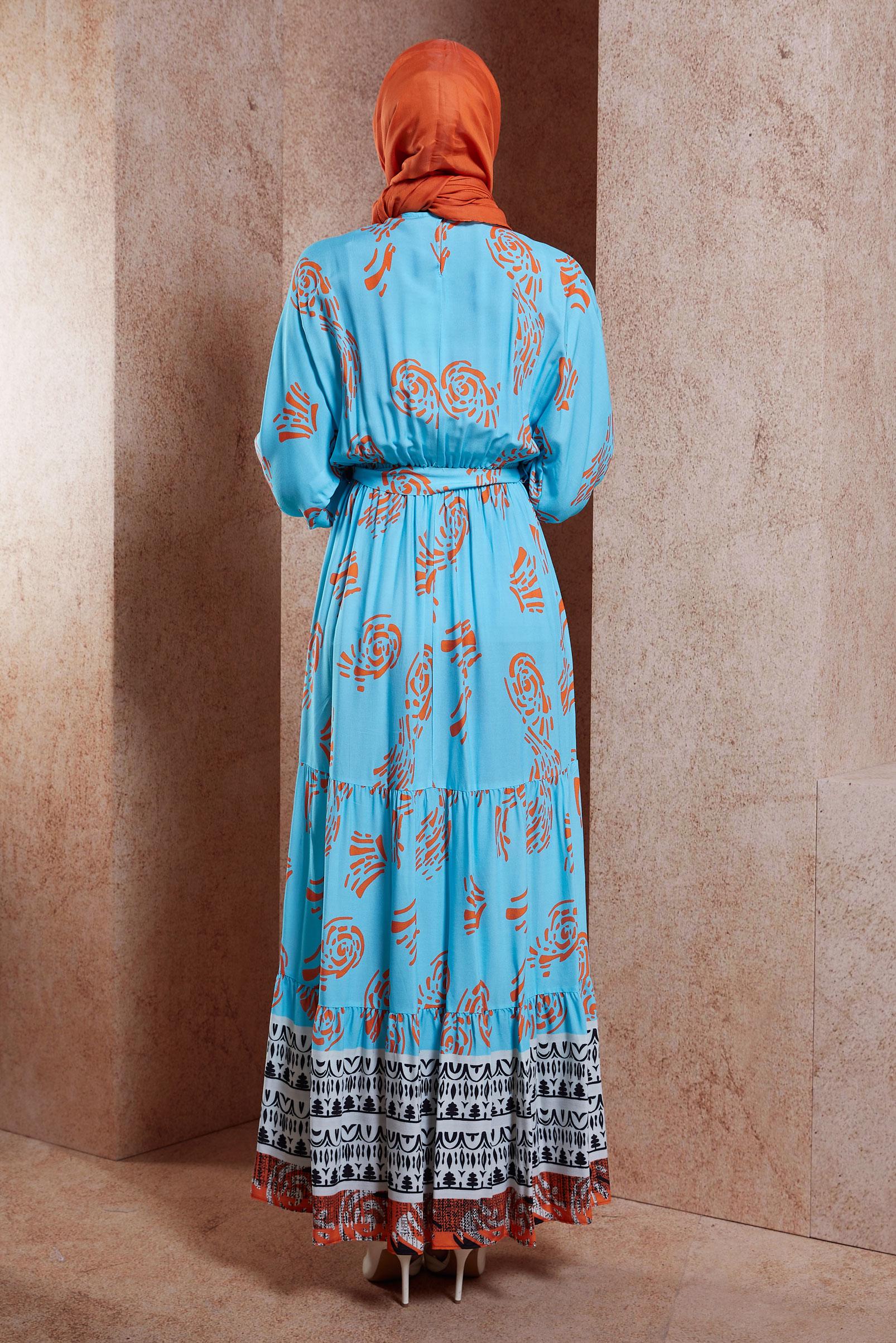 Tesettür giyim MAVİ KUŞAKLI VİSKON ELBİSE 44602