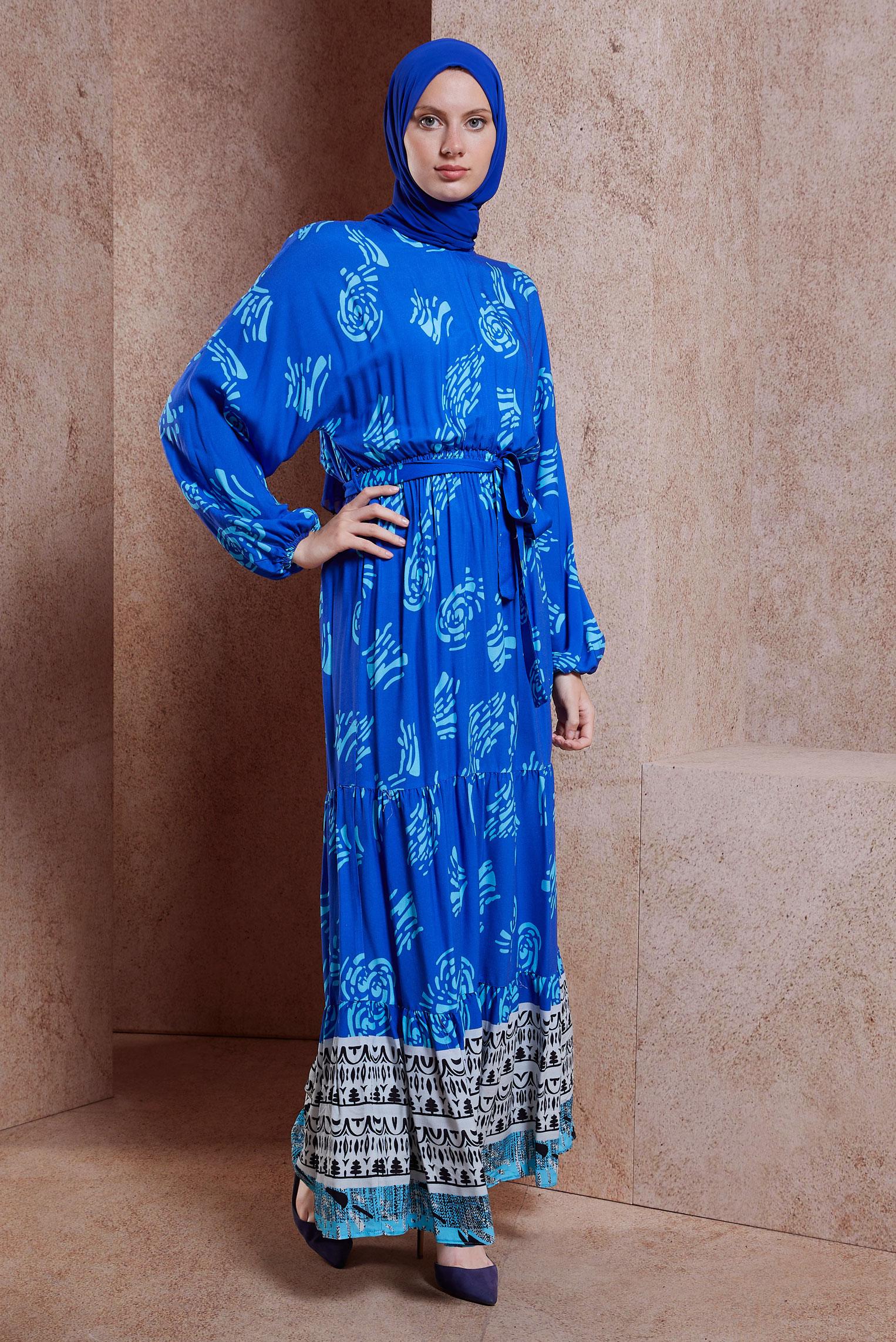 Tesettür giyim MAVİ KUŞAKLI VİSKON ELBİSE 44602