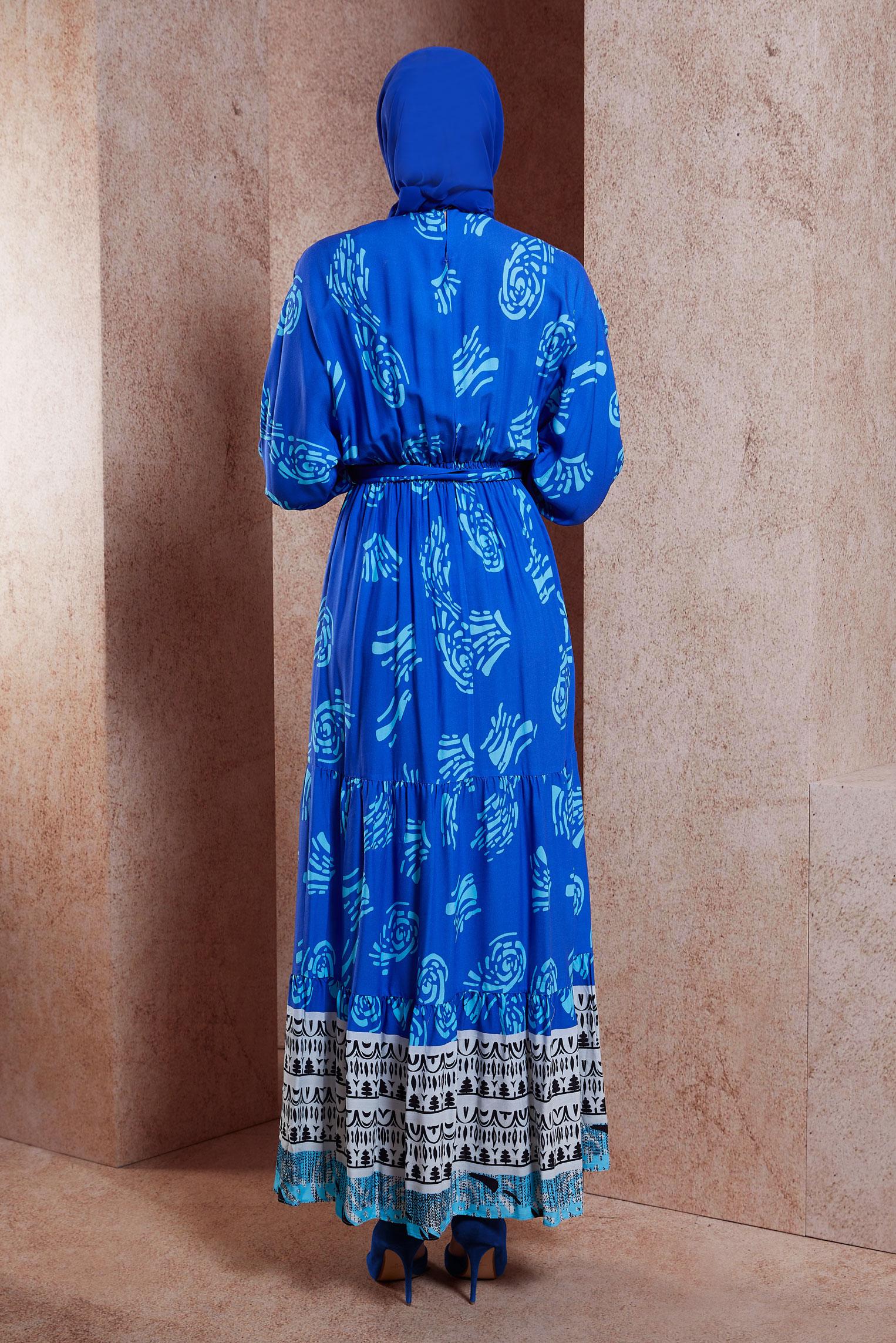 Tesettür giyim MAVİ KUŞAKLI VİSKON ELBİSE 44602