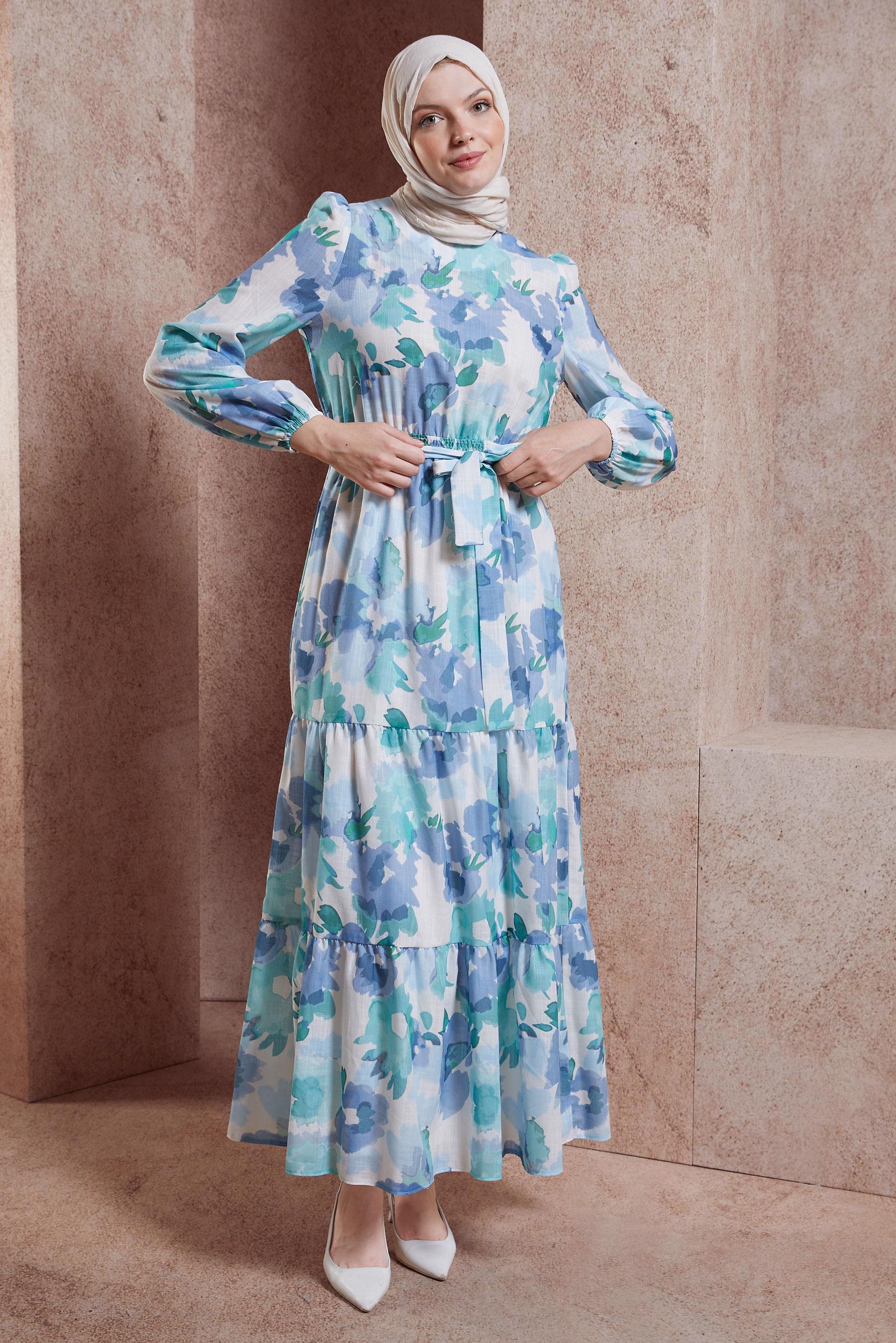 Tesettür giyim MAVİ DESENLİ KETEN DOKULU ELBİSE 44604