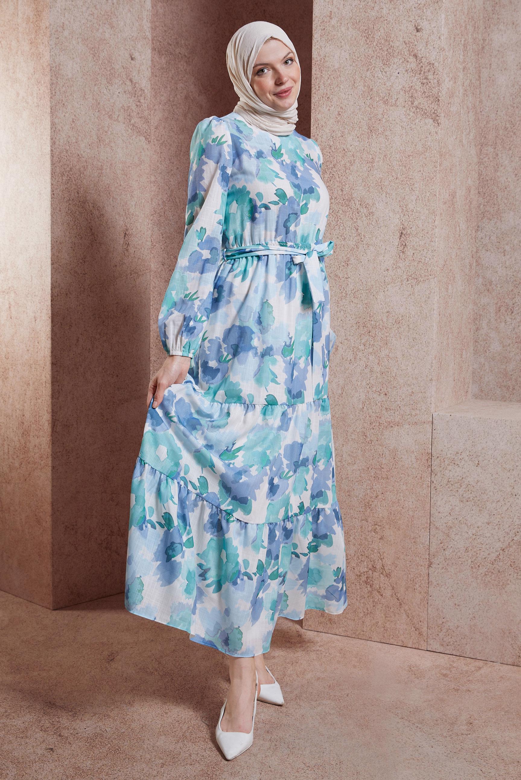 Tesettür giyim MAVİ DESENLİ KETEN DOKULU ELBİSE 44604