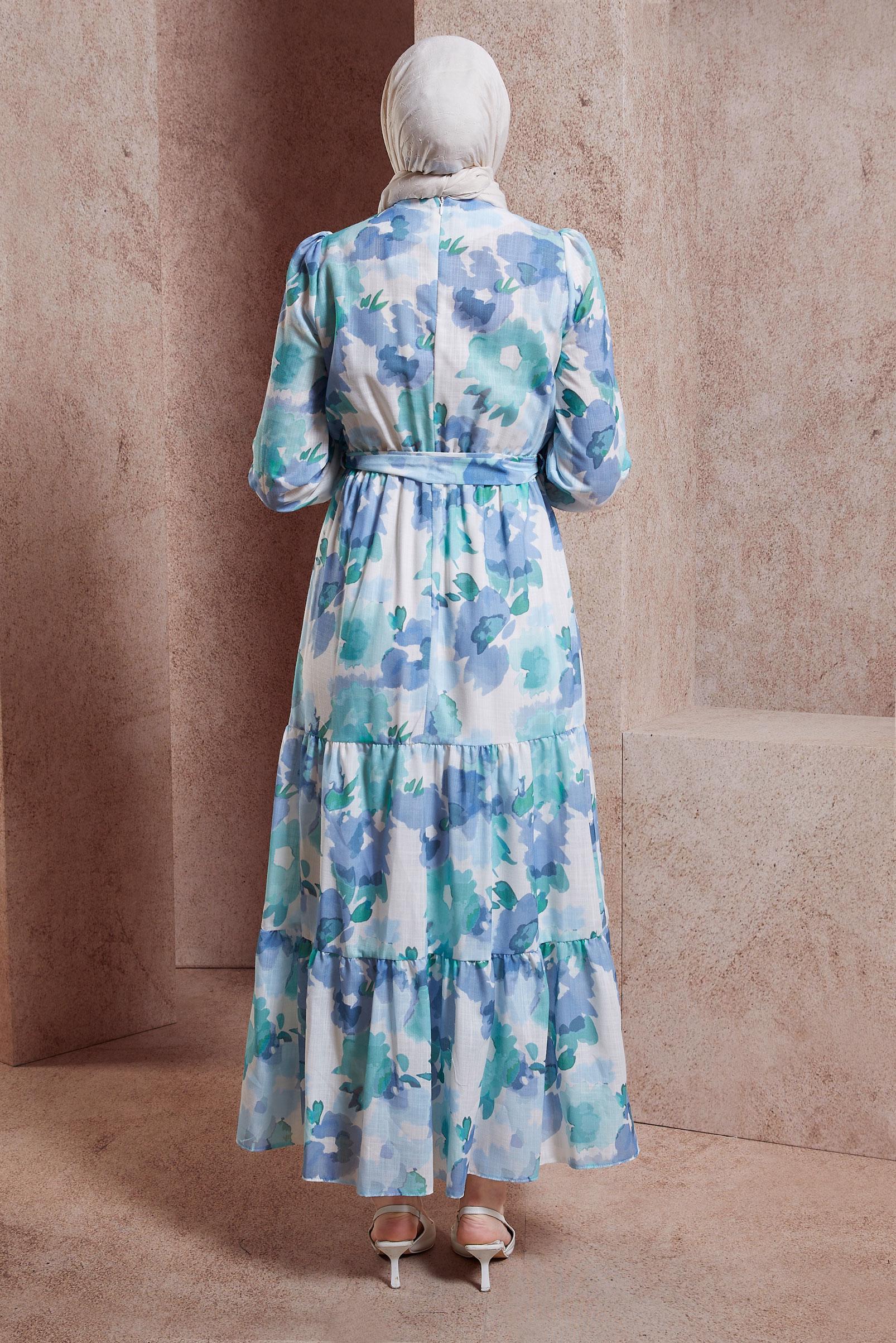 Tesettür giyim MAVİ DESENLİ KETEN DOKULU ELBİSE 44604