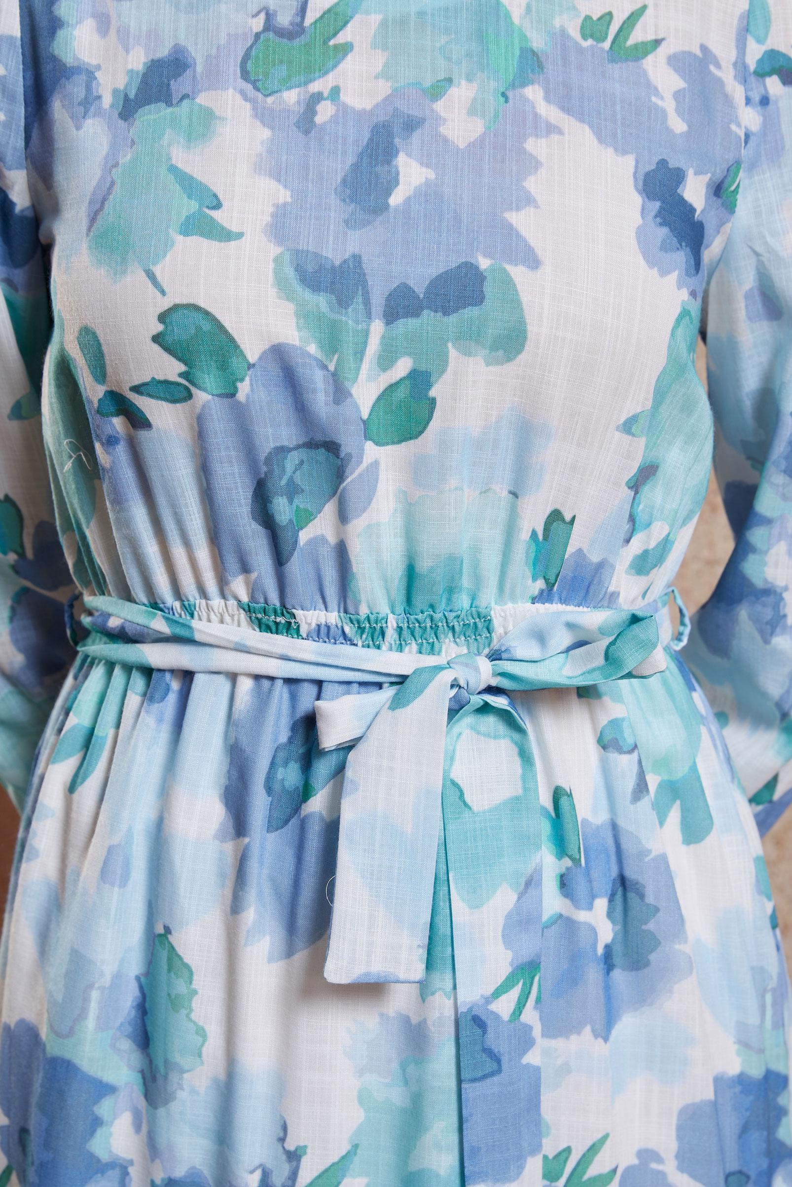 Tesettür giyim MAVİ DESENLİ KETEN DOKULU ELBİSE 44604