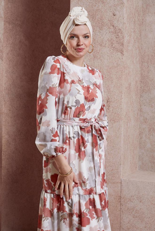 Tesettür giyim TURUNCU DESENLİ KETEN DOKULU ELBİSE 44604 - ALVİNA