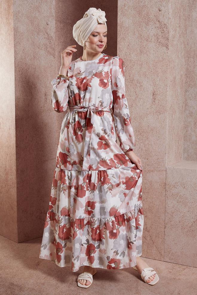 Tesettür giyim TURUNCU DESENLİ KETEN DOKULU ELBİSE 44604 - ALVİNA