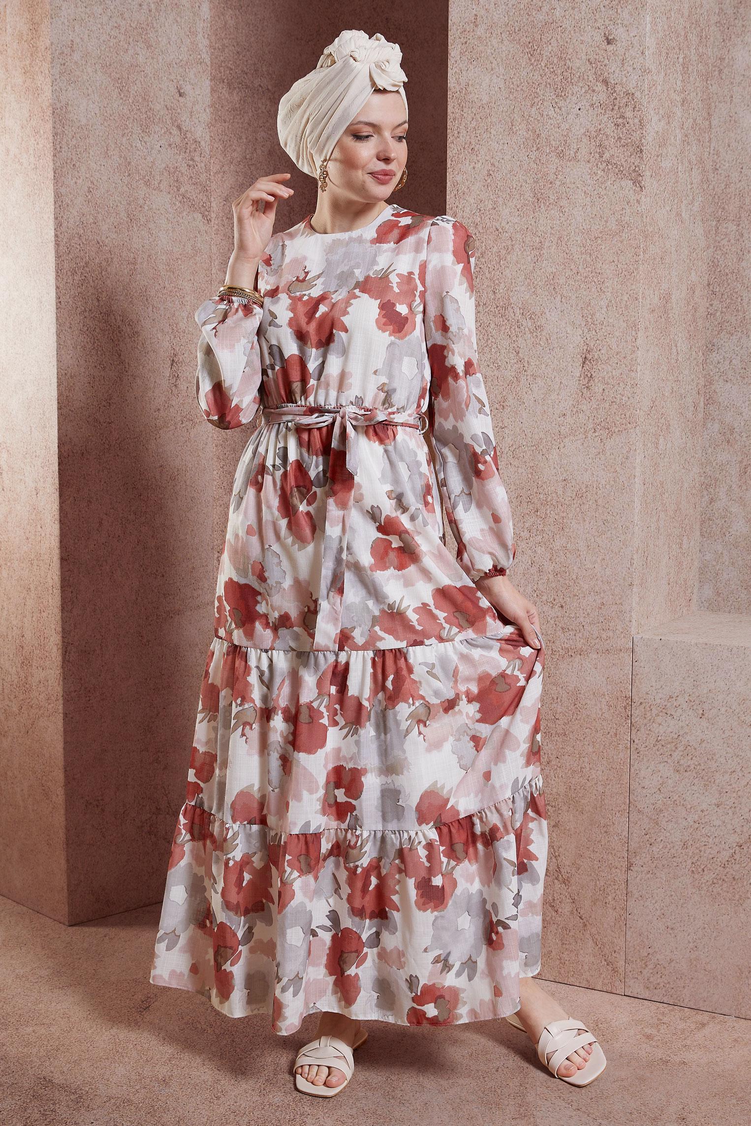 Tesettür giyim TURUNCU DESENLİ KETEN DOKULU ELBİSE 44604