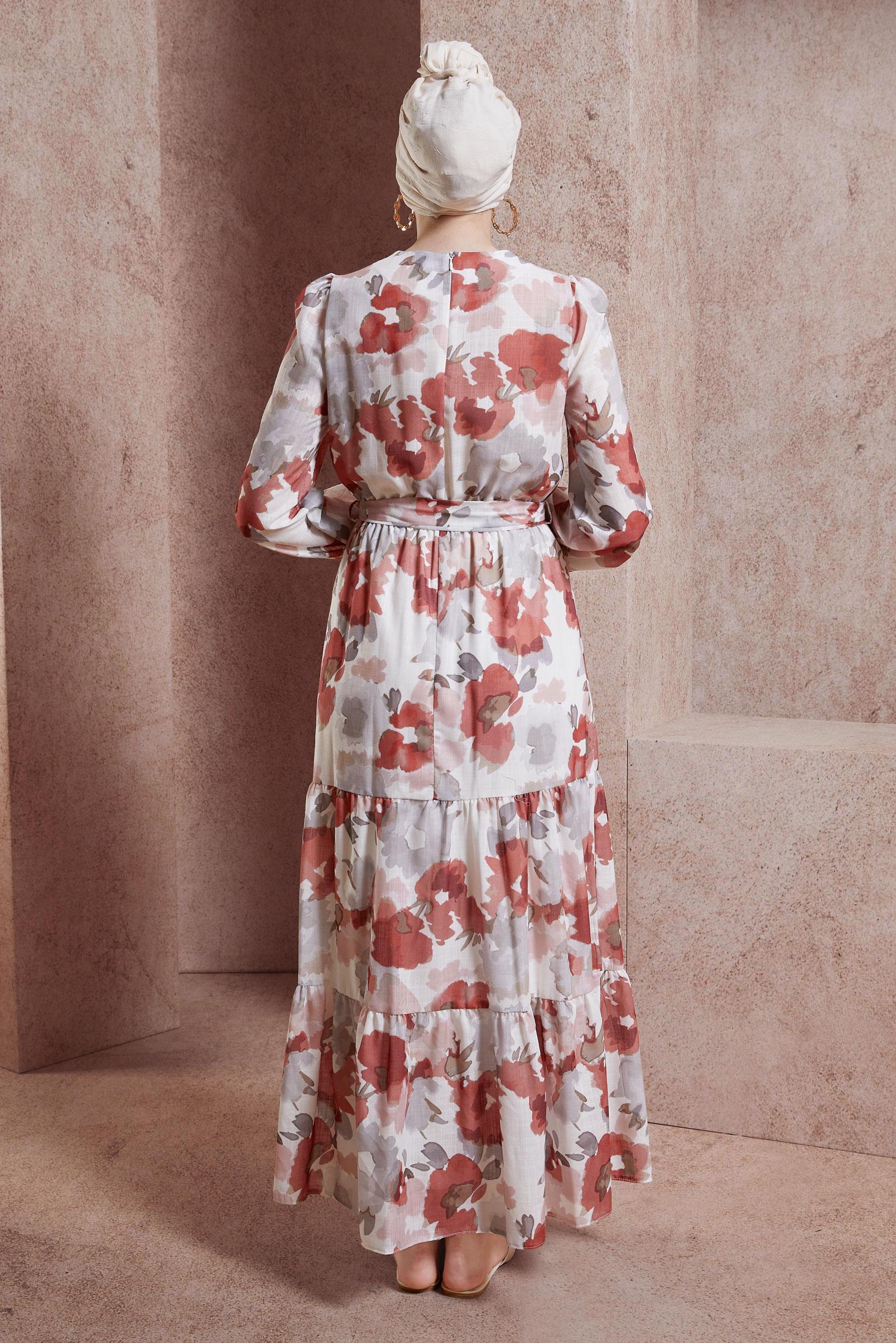 Tesettür giyim TURUNCU DESENLİ KETEN DOKULU ELBİSE 44604