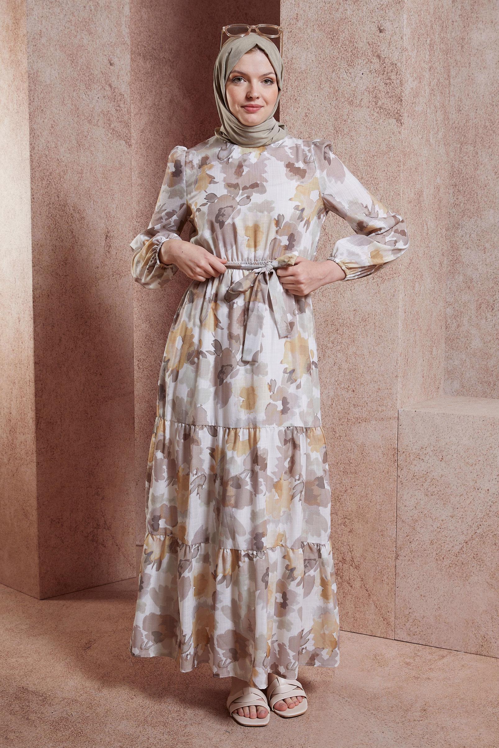 Tesettür giyim VİZON DESENLİ KETEN DOKULU ELBİSE 44604