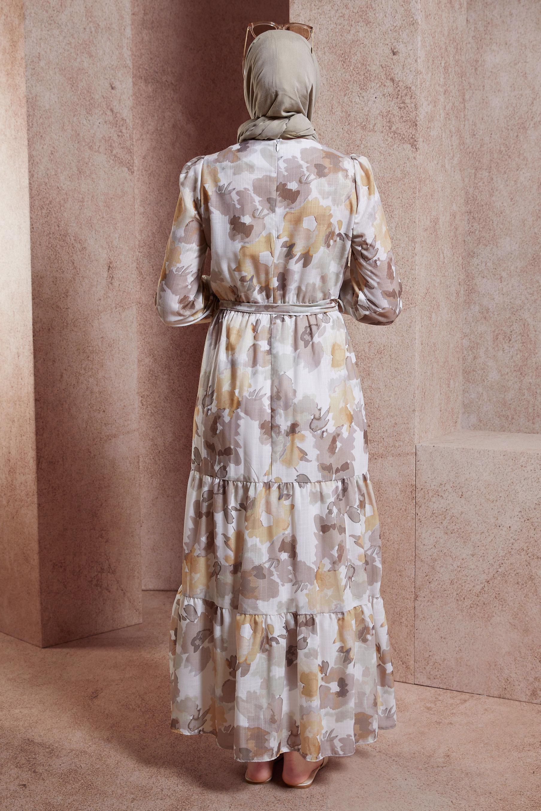 Tesettür giyim VİZON DESENLİ KETEN DOKULU ELBİSE 44604