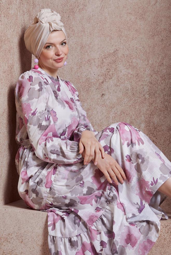 Tesettür giyim PEMBE DESENLİ KETEN DOKULU ELBİSE 44604 - ALVİNA