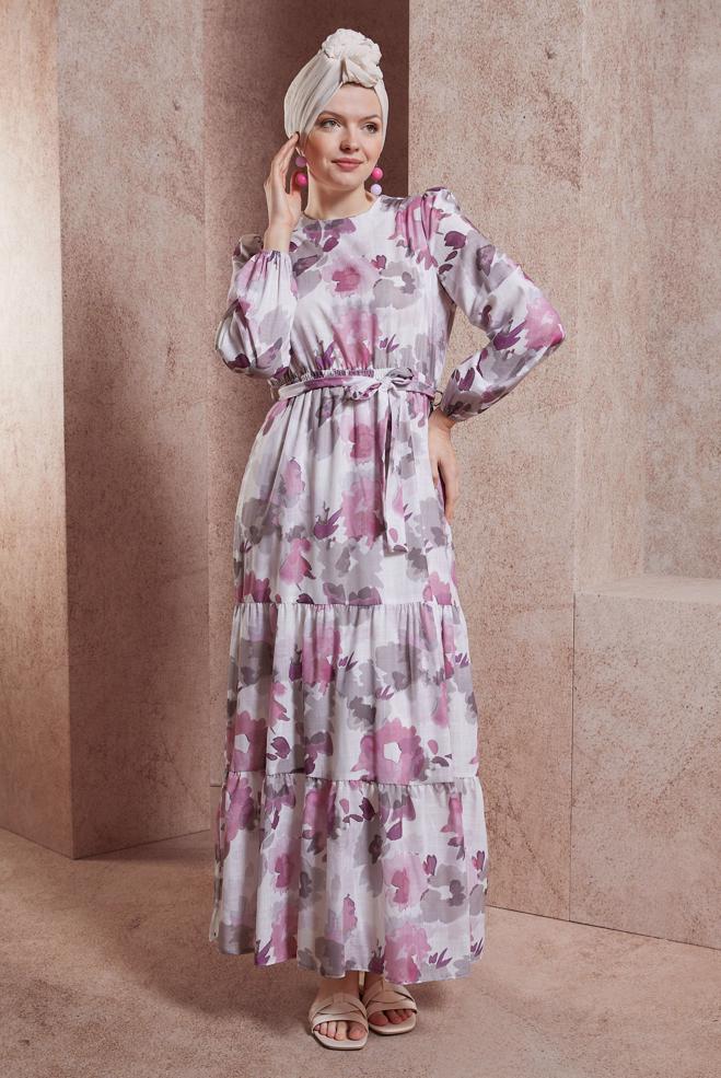 Tesettür giyim PEMBE DESENLİ KETEN DOKULU ELBİSE 44604 - ALVİNA