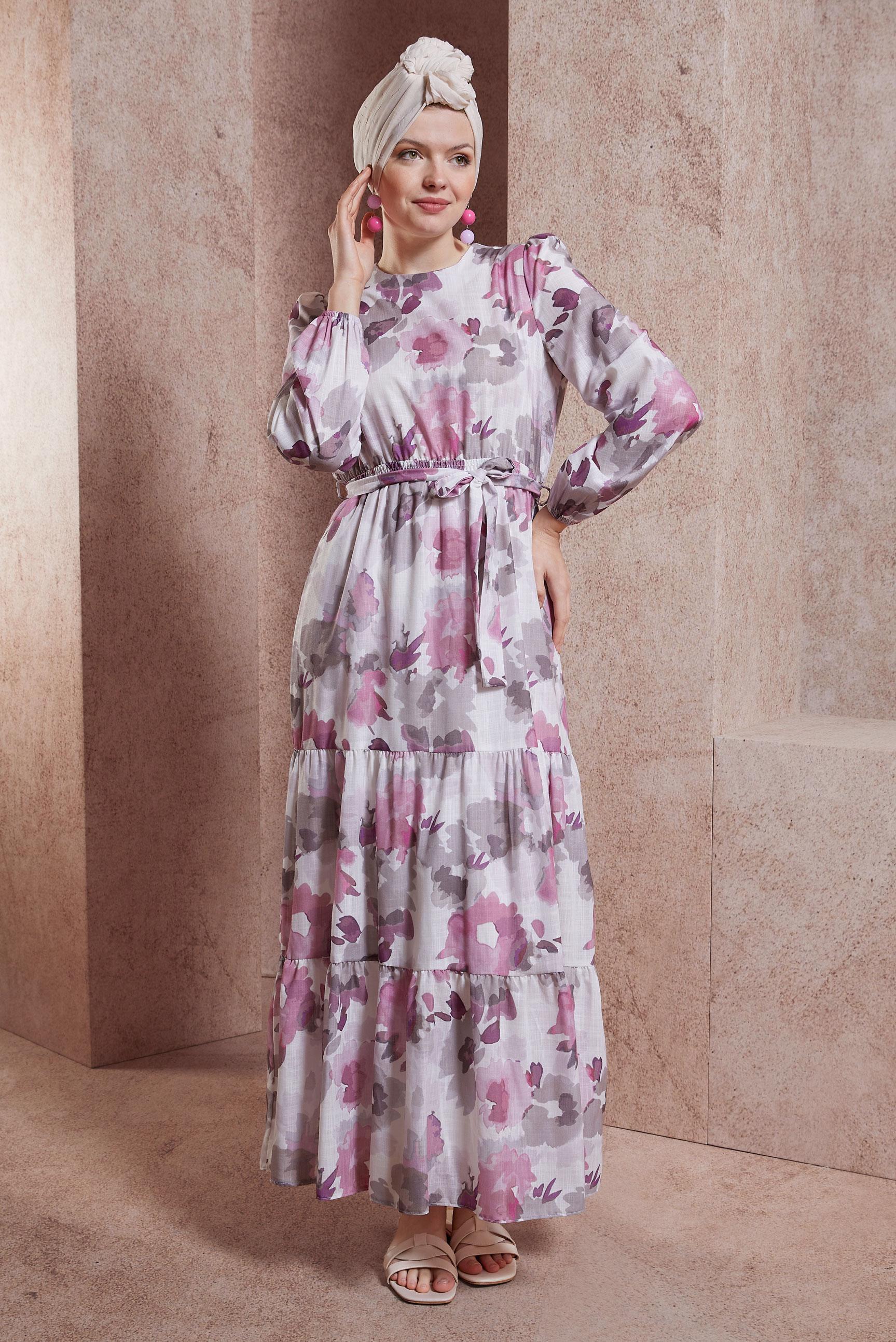 Tesettür giyim PEMBE DESENLİ KETEN DOKULU ELBİSE 44604