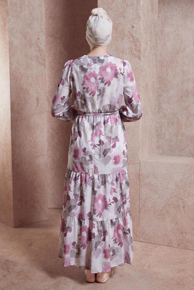 Tesettür giyim PEMBE DESENLİ KETEN DOKULU ELBİSE 44604 - ALVİNA