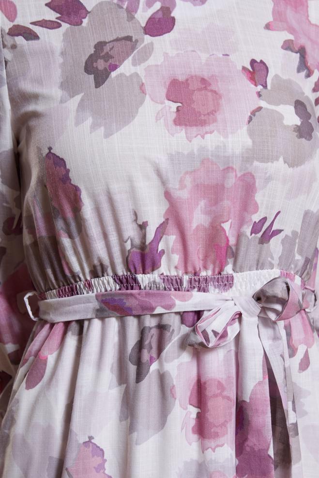 Tesettür giyim PEMBE DESENLİ KETEN DOKULU ELBİSE 44604 - ALVİNA