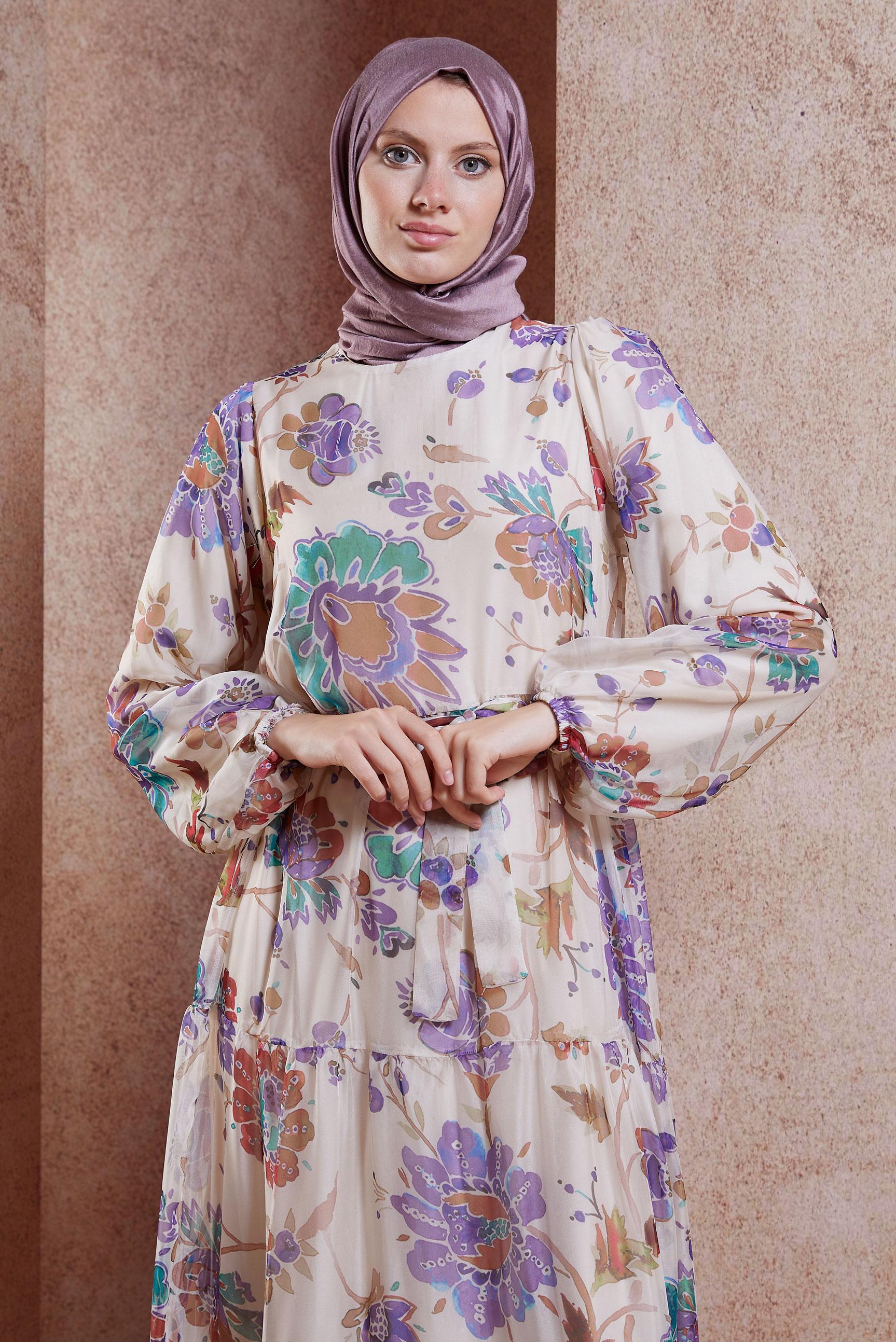 Tesettür giyim MOR ÇİÇEK DESENLİ ŞİFON ELBİSE 44605