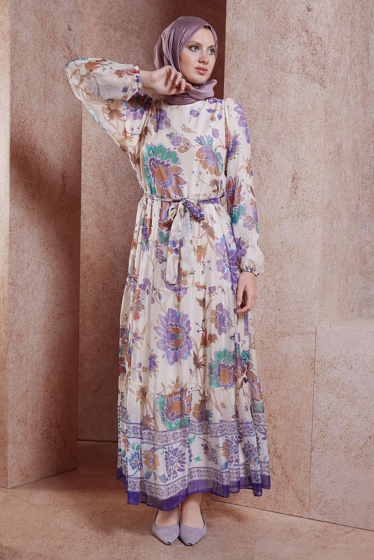 Tesettür giyim MOR ÇİÇEK DESENLİ ŞİFON ELBİSE 44605