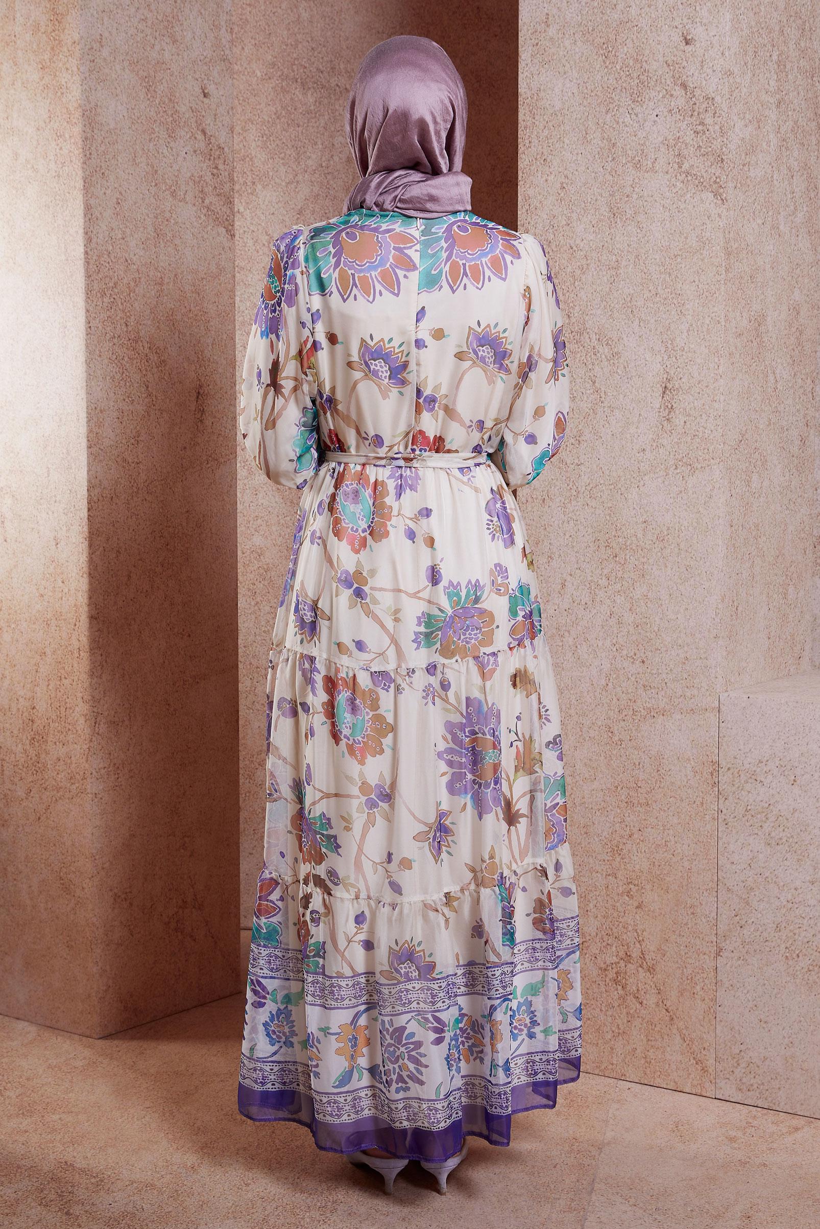 Tesettür giyim MOR ÇİÇEK DESENLİ ŞİFON ELBİSE 44605