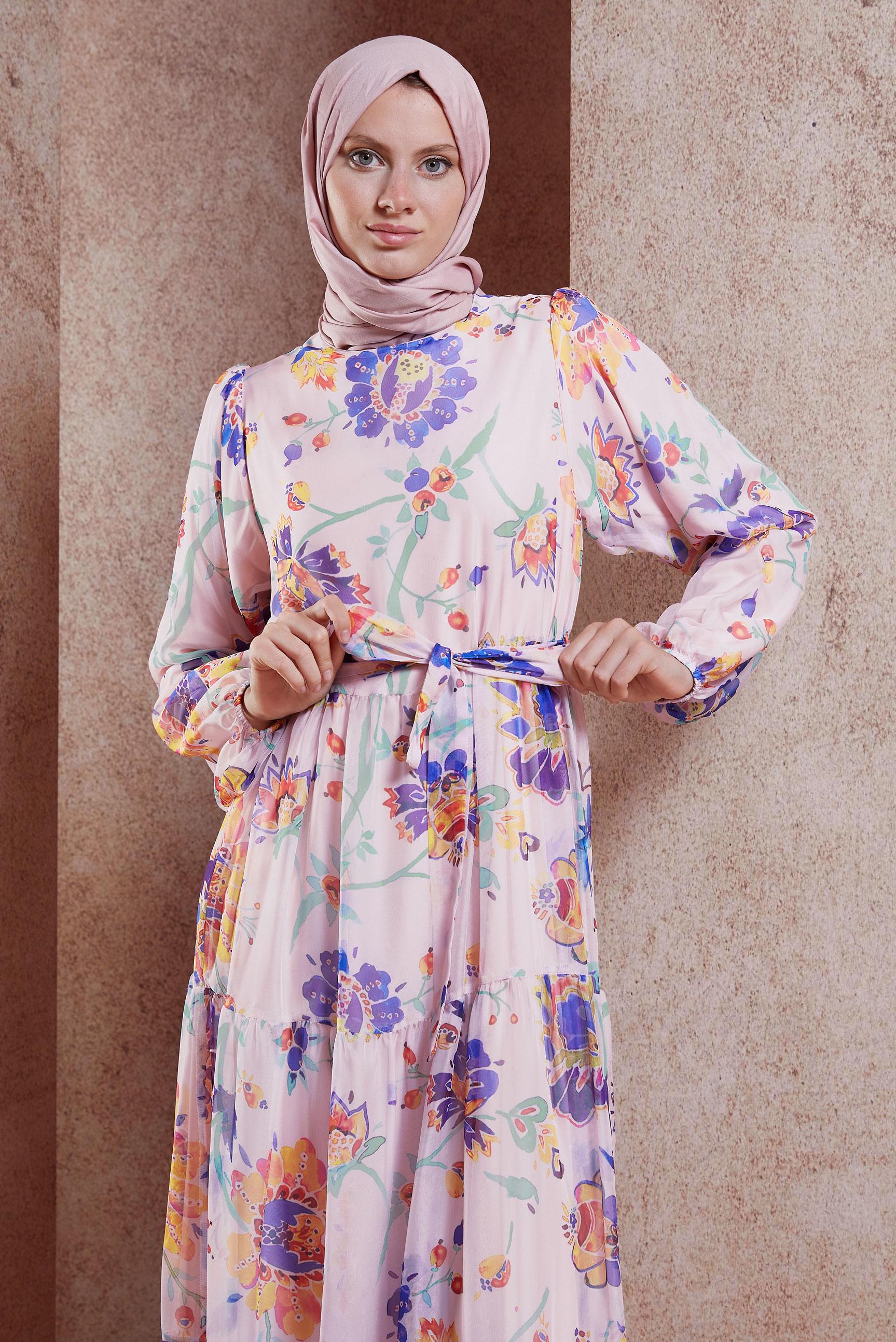 Tesettür giyim TURUNCU ÇİÇEK DESENLİ ŞİFON ELBİSE 44605