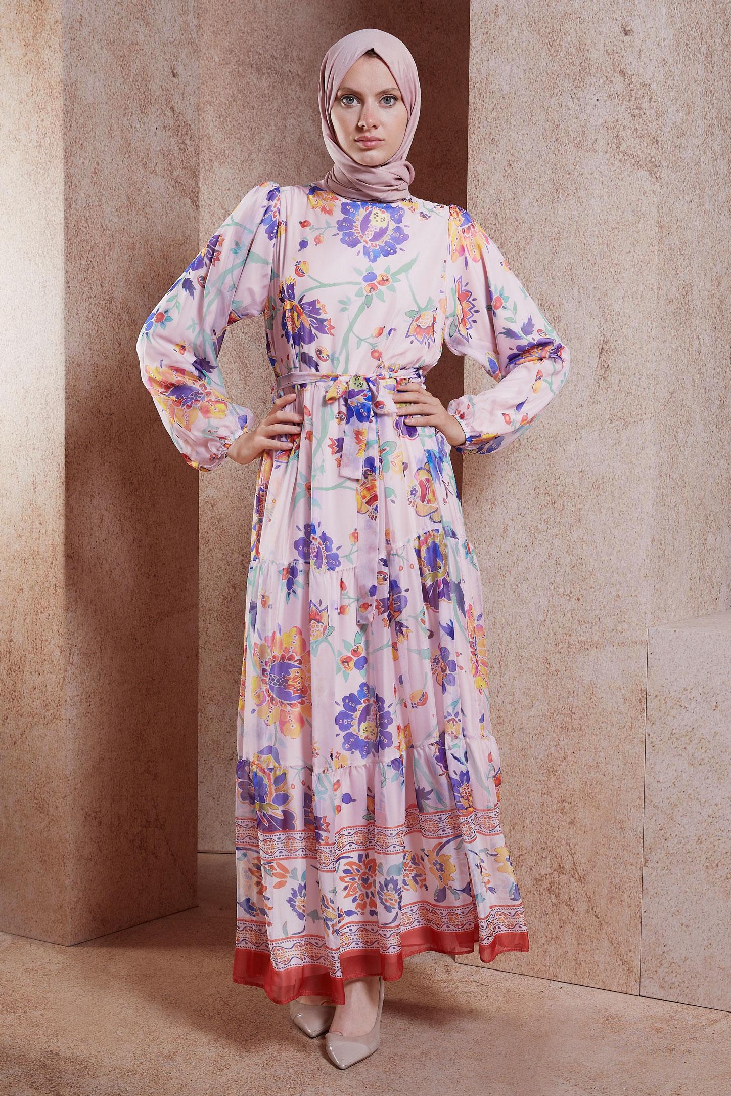 Tesettür giyim TURUNCU ÇİÇEK DESENLİ ŞİFON ELBİSE 44605