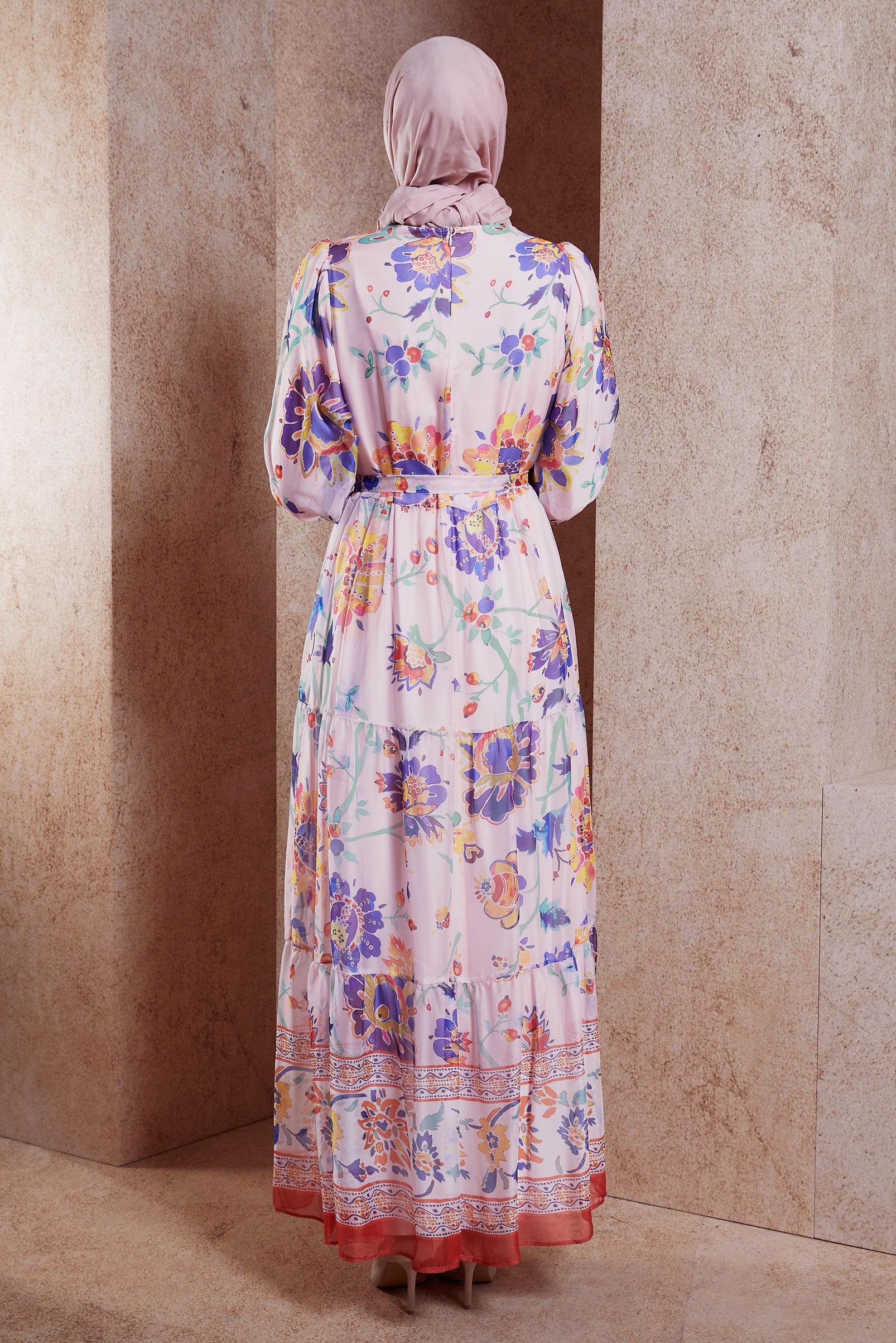 Tesettür giyim TURUNCU ÇİÇEK DESENLİ ŞİFON ELBİSE 44605