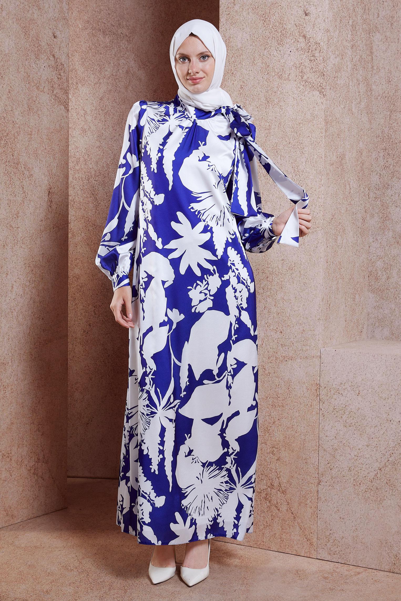 Tesettür giyim LACİVERT DESENLİ SATEN TESETTÜR ELBİSE 44606