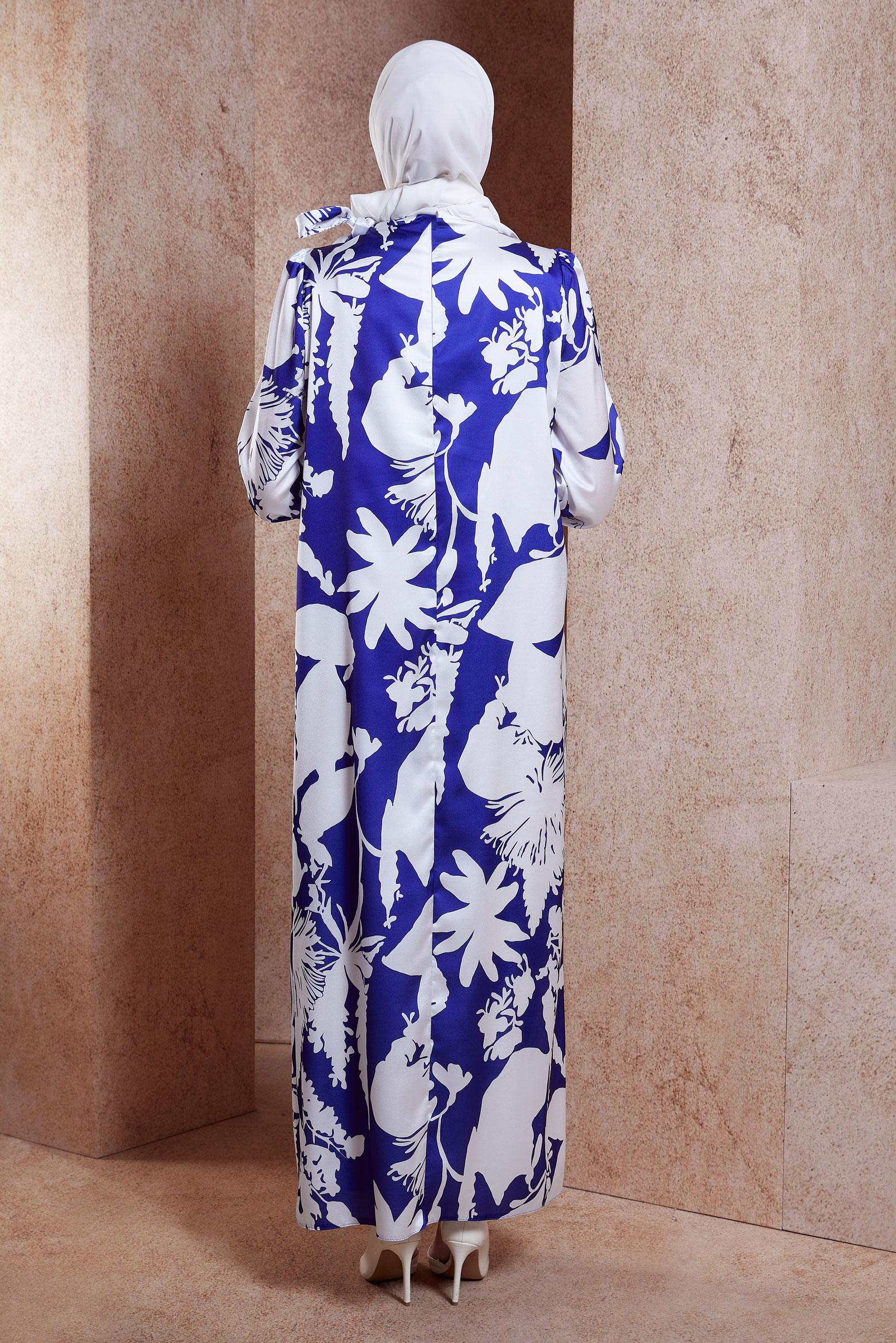 Tesettür giyim LACİVERT DESENLİ SATEN TESETTÜR ELBİSE 44606