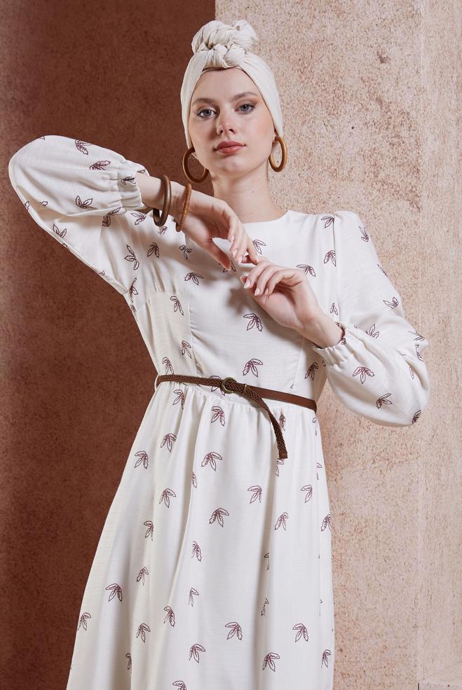 Tesettür giyim BORDO KEMERLİ KETEN DOKULU ELBİSE 44633 - ALVİNA