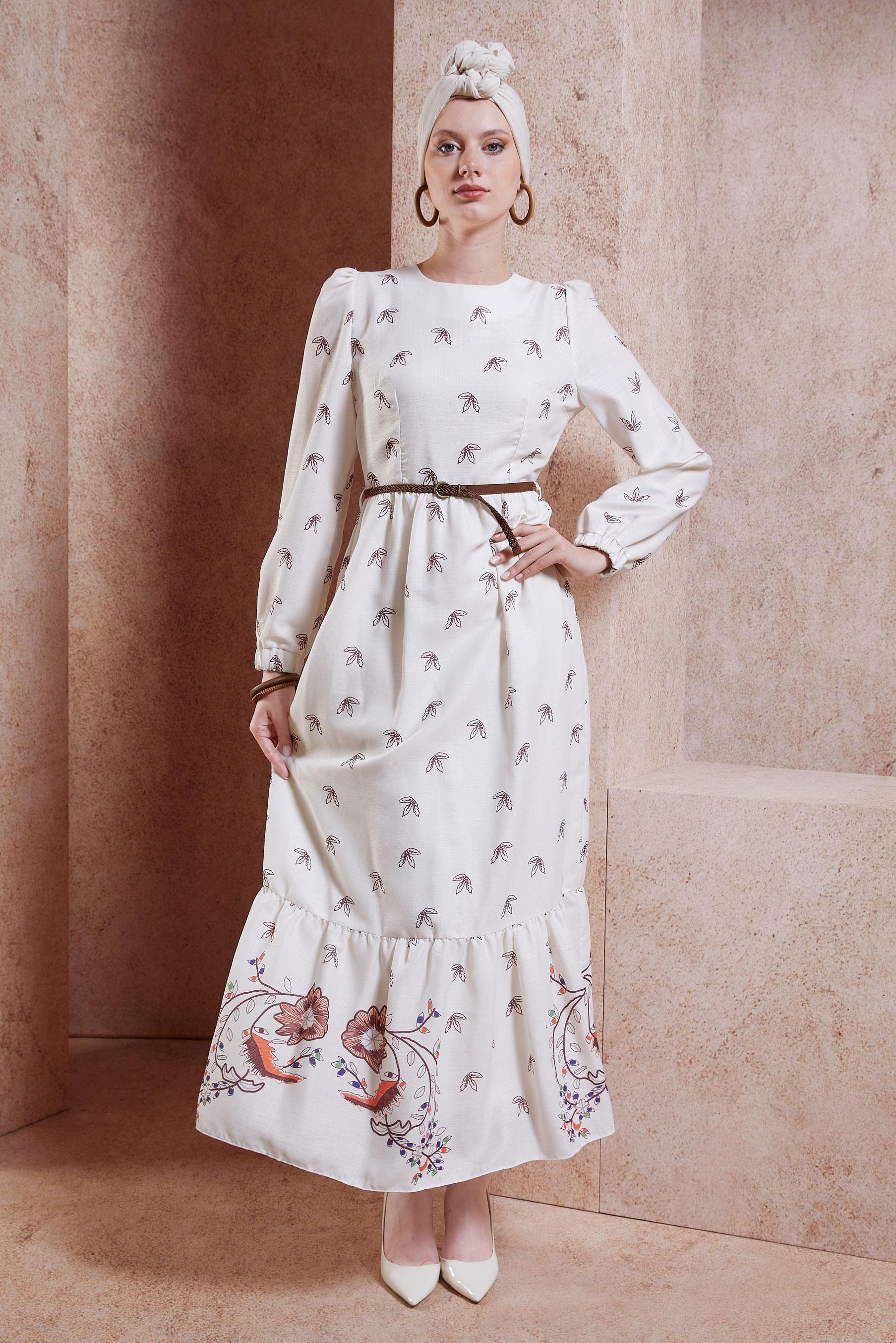 Tesettür giyim BORDO KEMERLİ KETEN DOKULU ELBİSE 44633