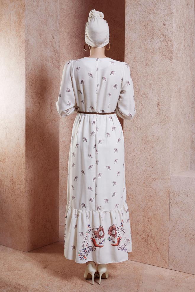 Tesettür giyim BORDO KEMERLİ KETEN DOKULU ELBİSE 44633 - ALVİNA