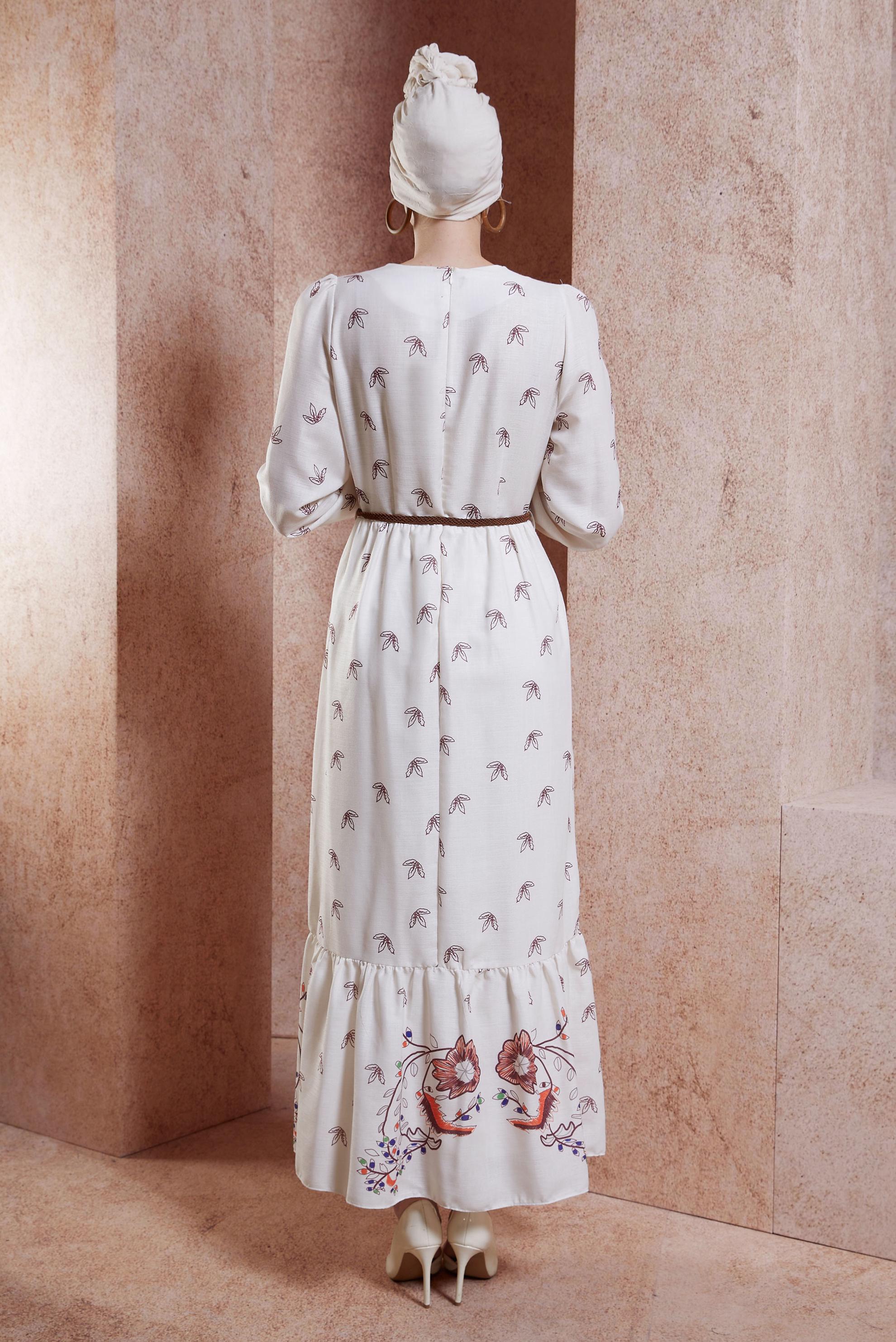 Tesettür giyim BORDO KEMERLİ KETEN DOKULU ELBİSE 44633