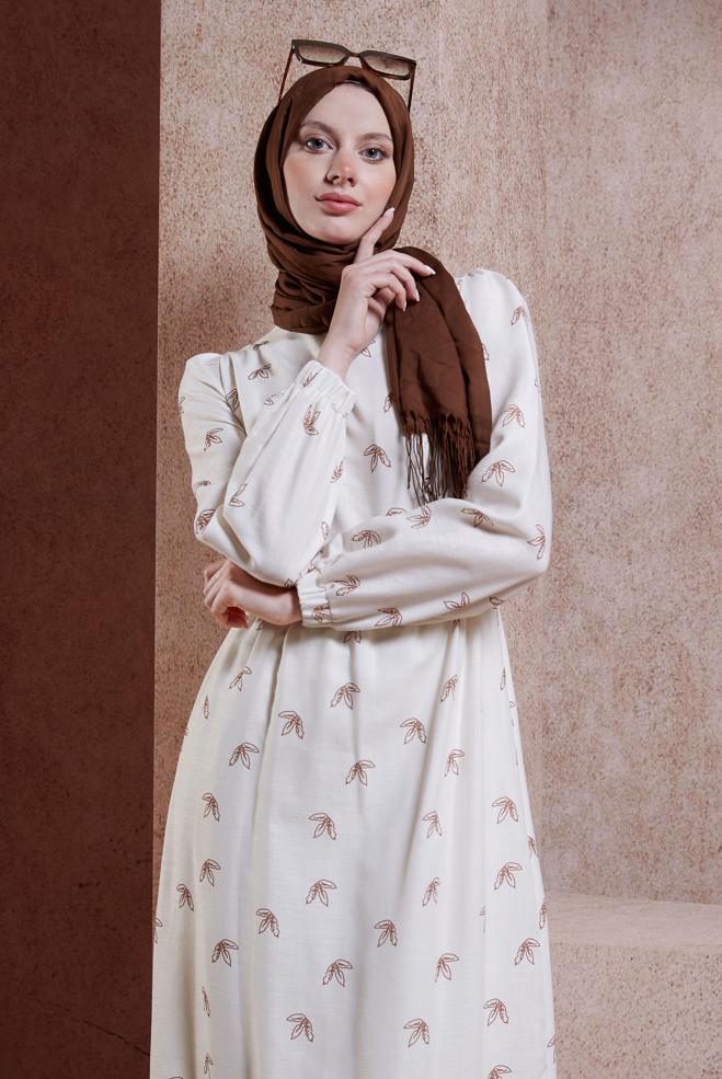 Tesettür giyim TABA KEMERLİ KETEN DOKULU ELBİSE 44633 - ALVİNA