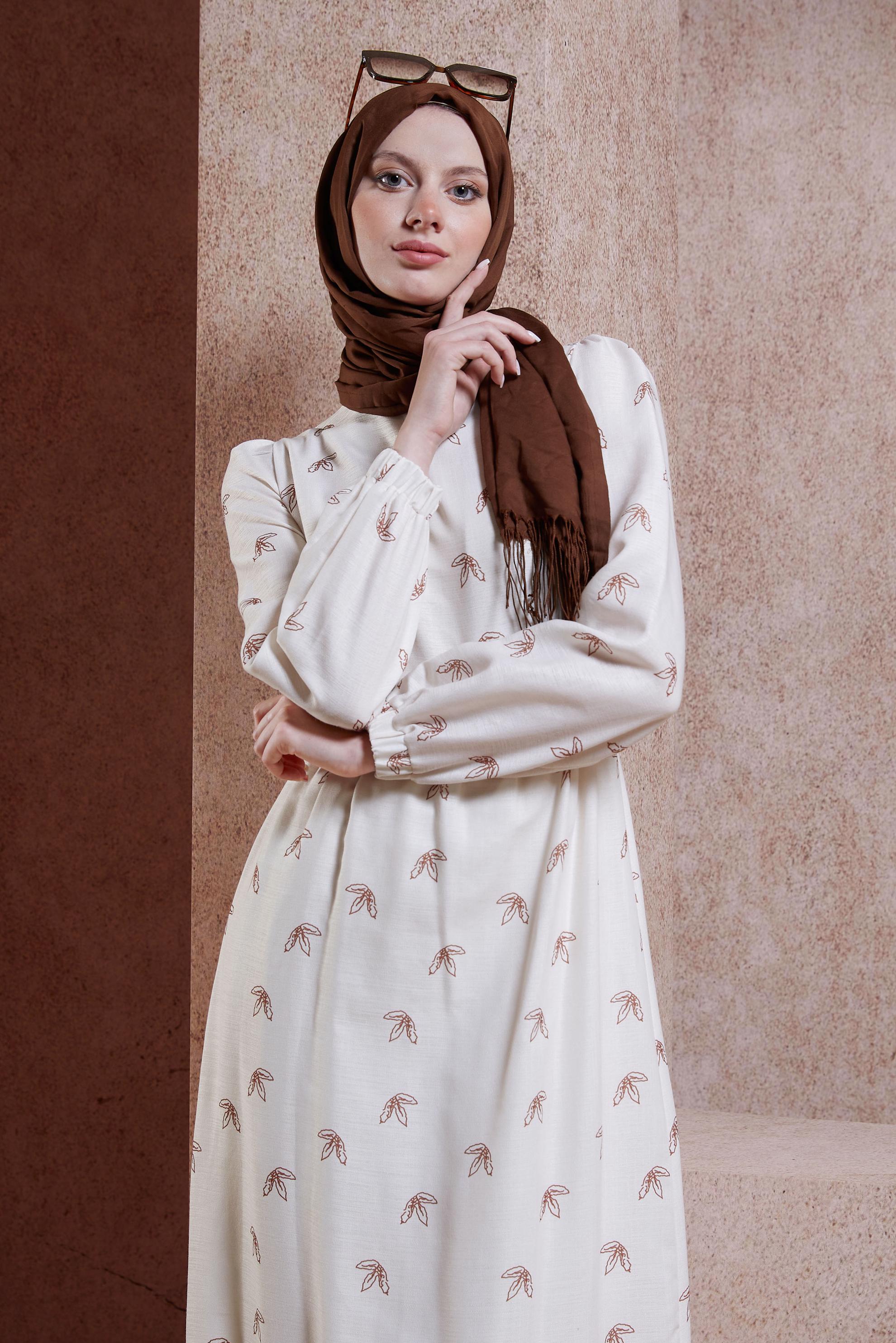 Tesettür giyim TABA KEMERLİ KETEN DOKULU ELBİSE 44633