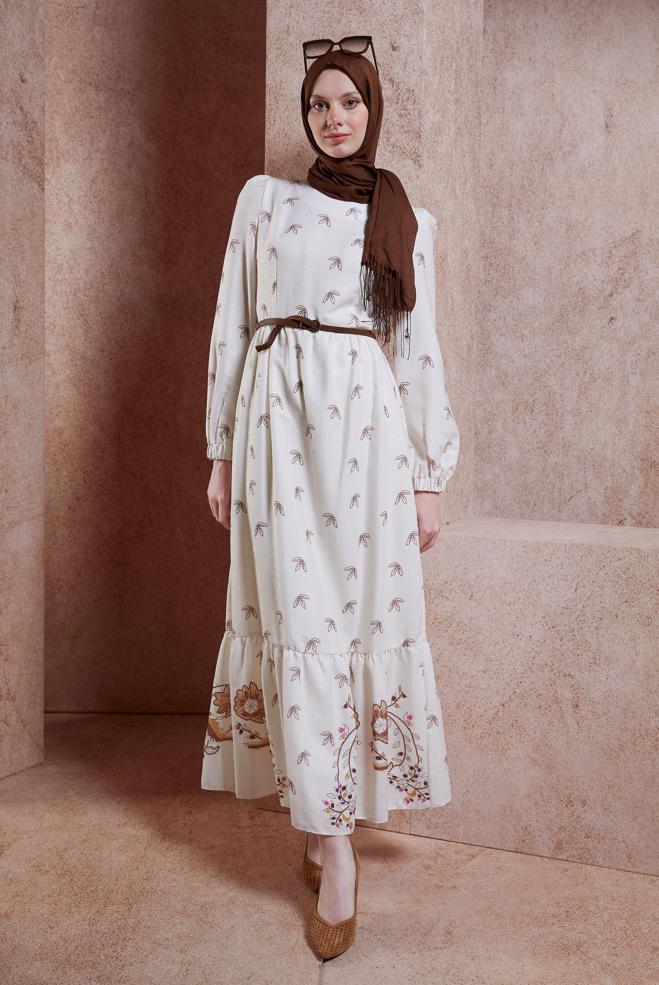 Tesettür giyim TABA KEMERLİ KETEN DOKULU ELBİSE 44633 - ALVİNA