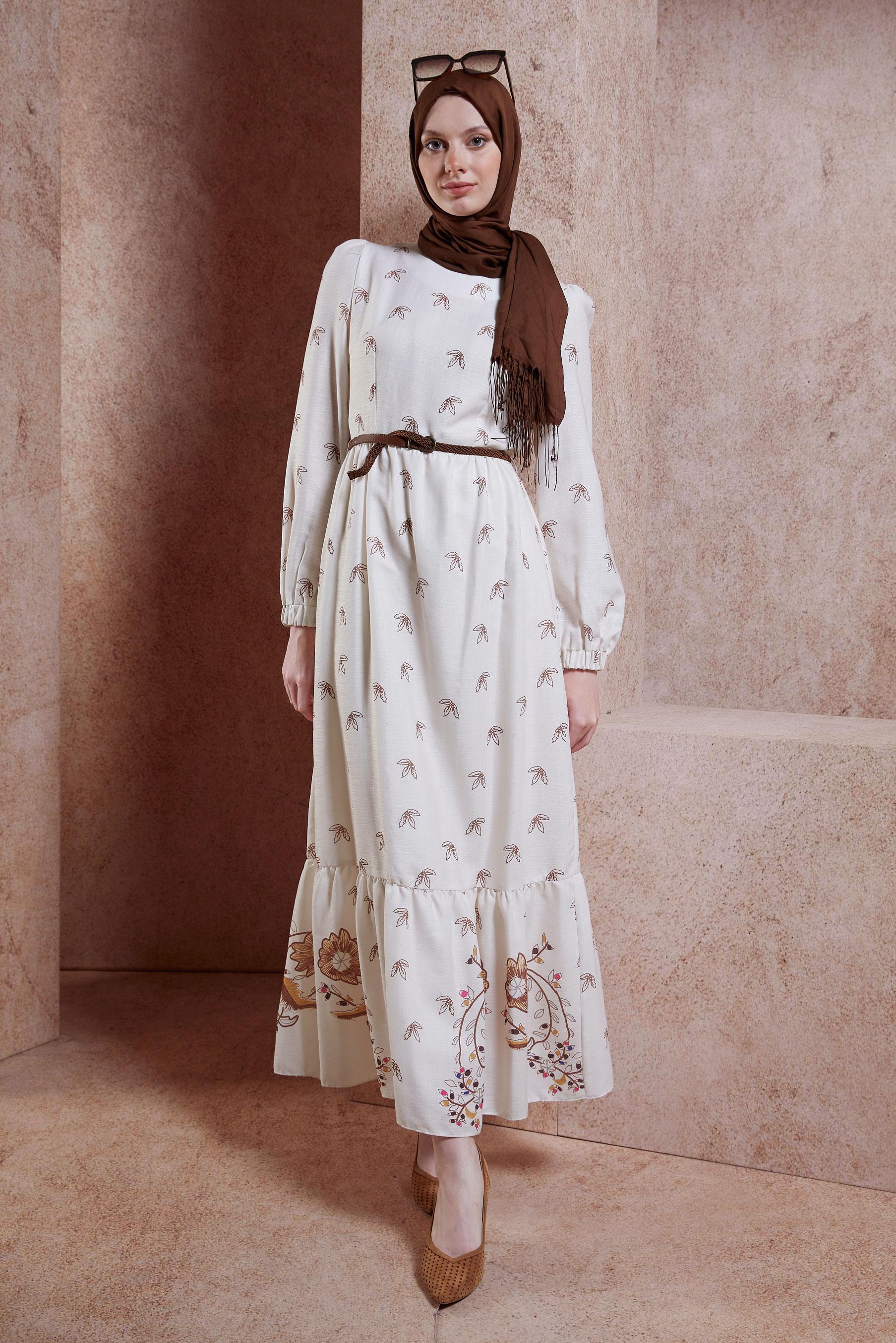 Tesettür giyim TABA KEMERLİ KETEN DOKULU ELBİSE 44633