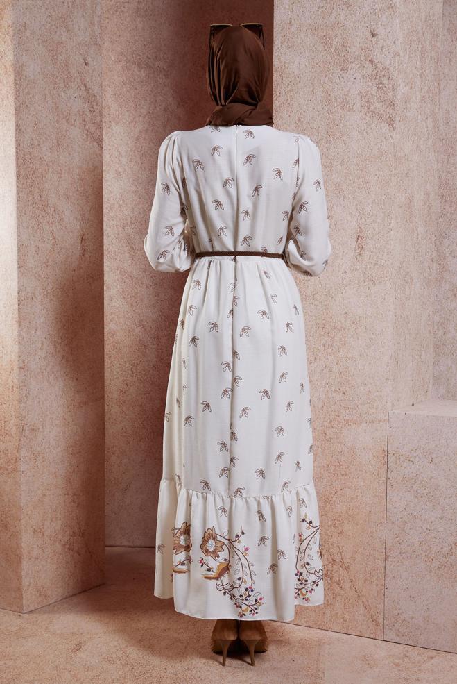 Tesettür giyim TABA KEMERLİ KETEN DOKULU ELBİSE 44633 - ALVİNA